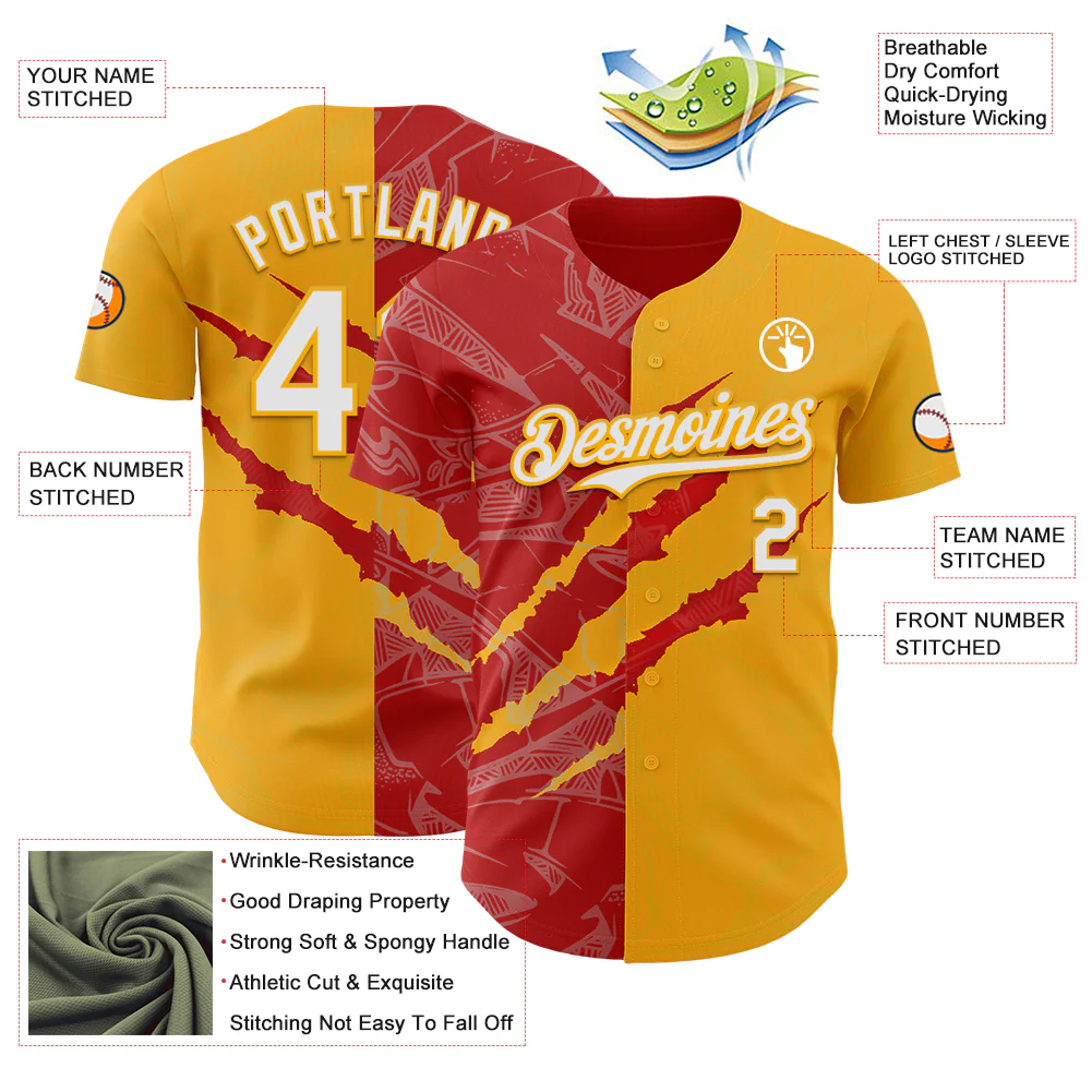 Custom Graffiti Pattern White Gold-Red 3D Scratch Authentic Baseball Jersey - Image 3