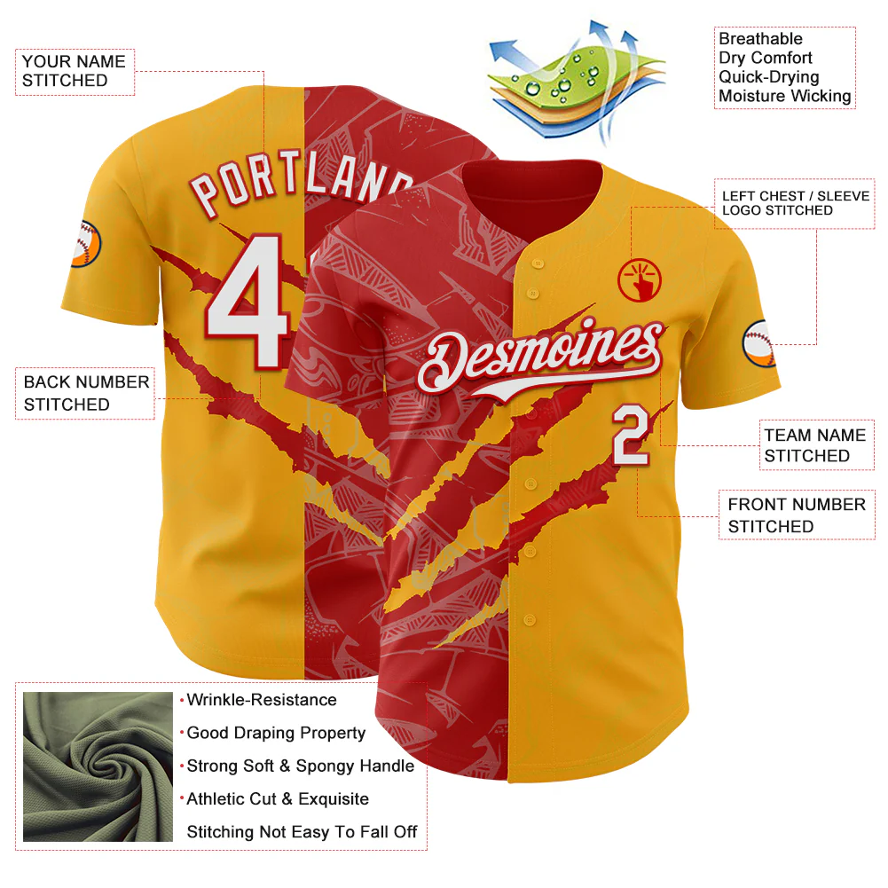Custom Graffiti Pattern White Gold-Red 3D Scratch Authentic Baseball Jersey - Image 3