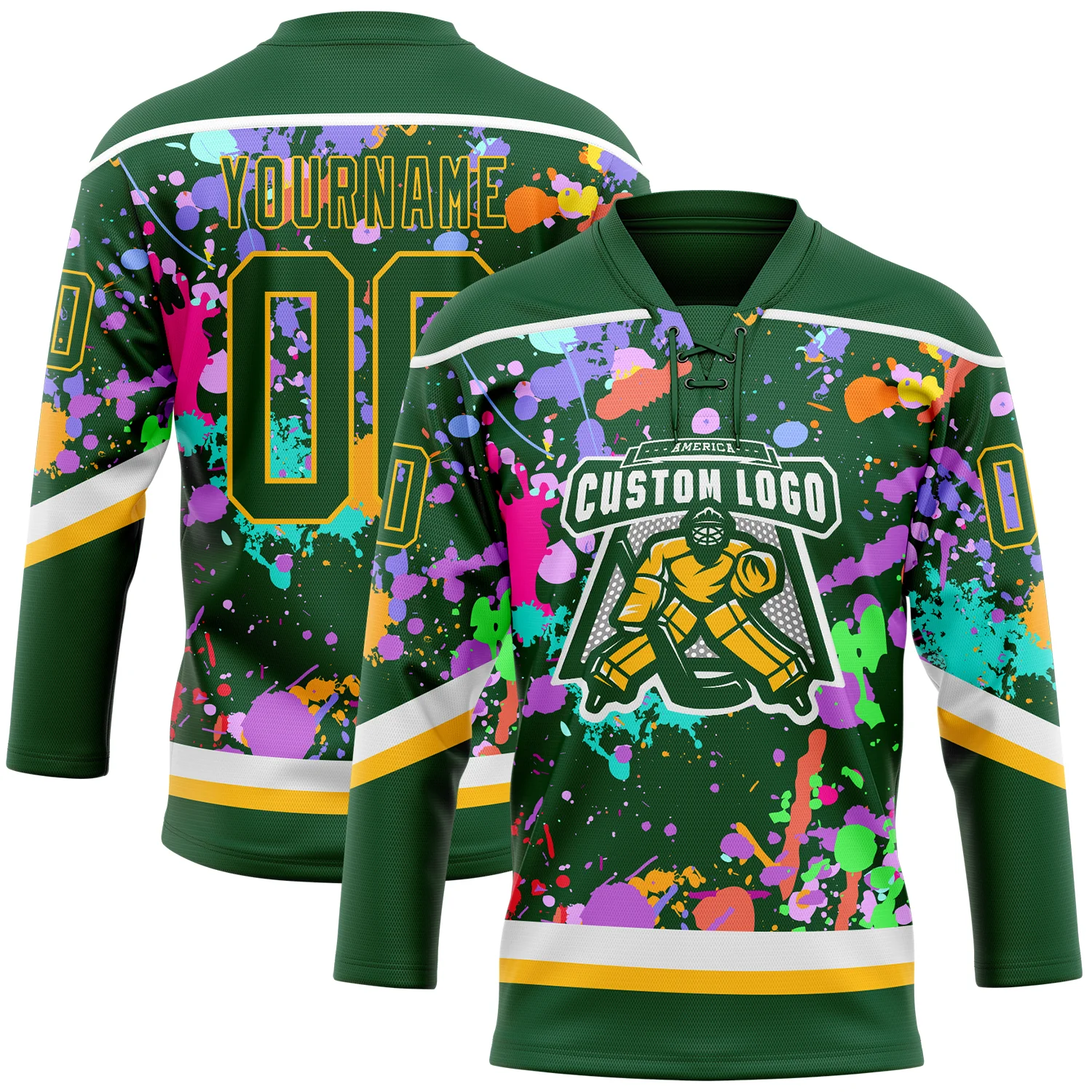 Custom Graffiti Pattern Green Gold-White 3D Pattern Splash Art Hockey Lace Neck Jersey - Image 2