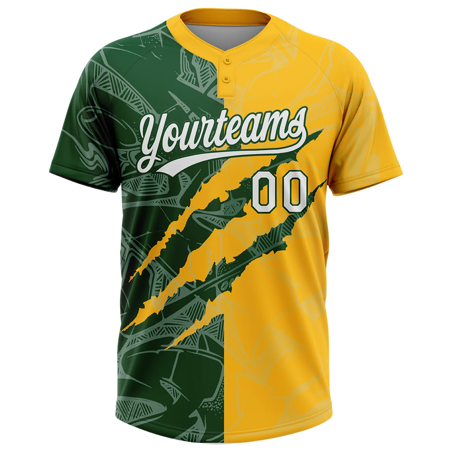 Custom Graffiti Pattern White Gold-Green 3D Scratch Two-Button Unisex Softball Jersey - Image 2