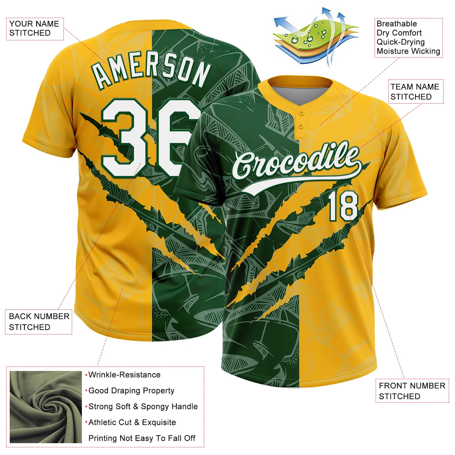 Custom Graffiti Pattern White Gold-Green 3D Scratch Two-Button Unisex Softball Jersey - Image 3
