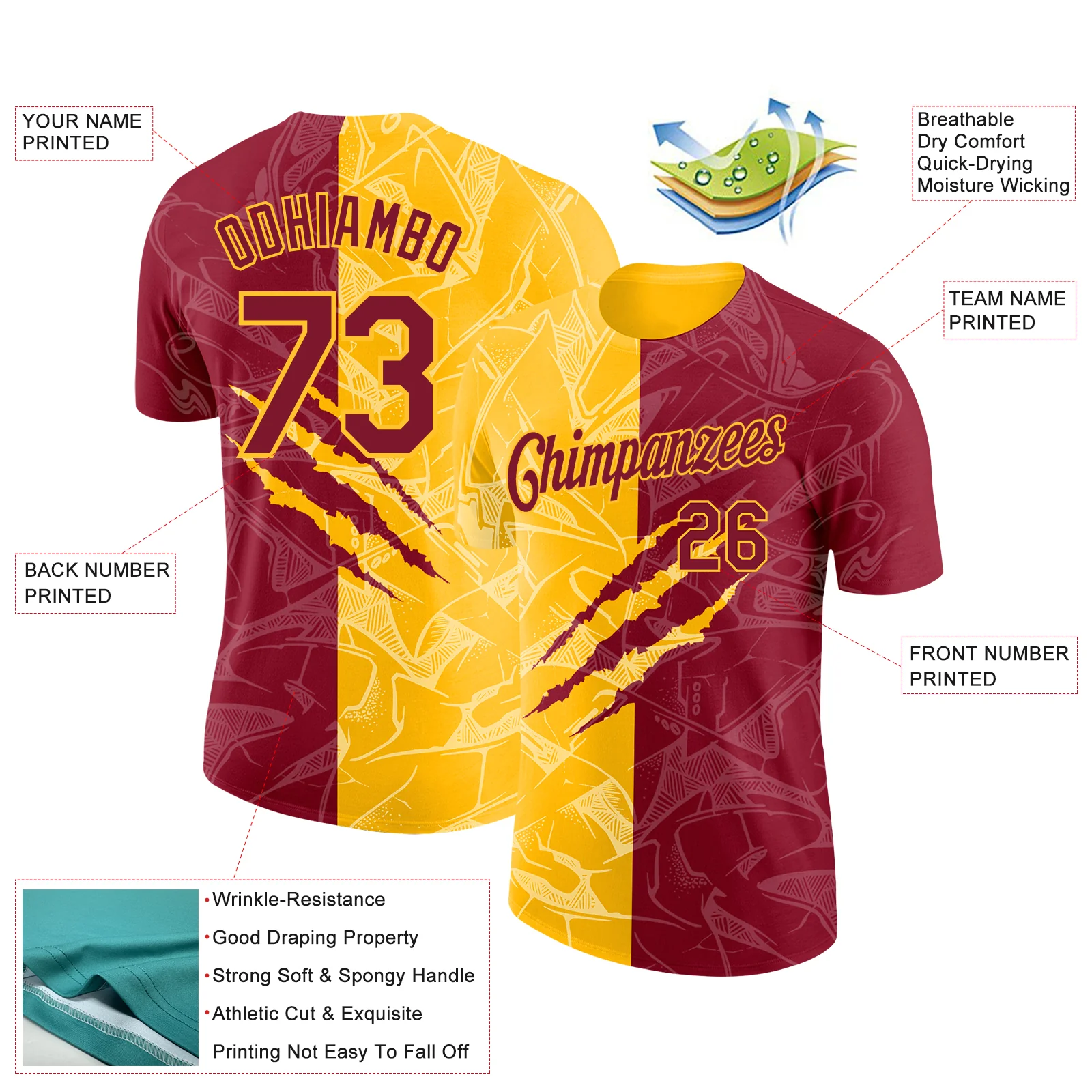 Custom Graffiti Pattern Crimson-Gold Scratch 3D Performance T-Shirt - Image 2