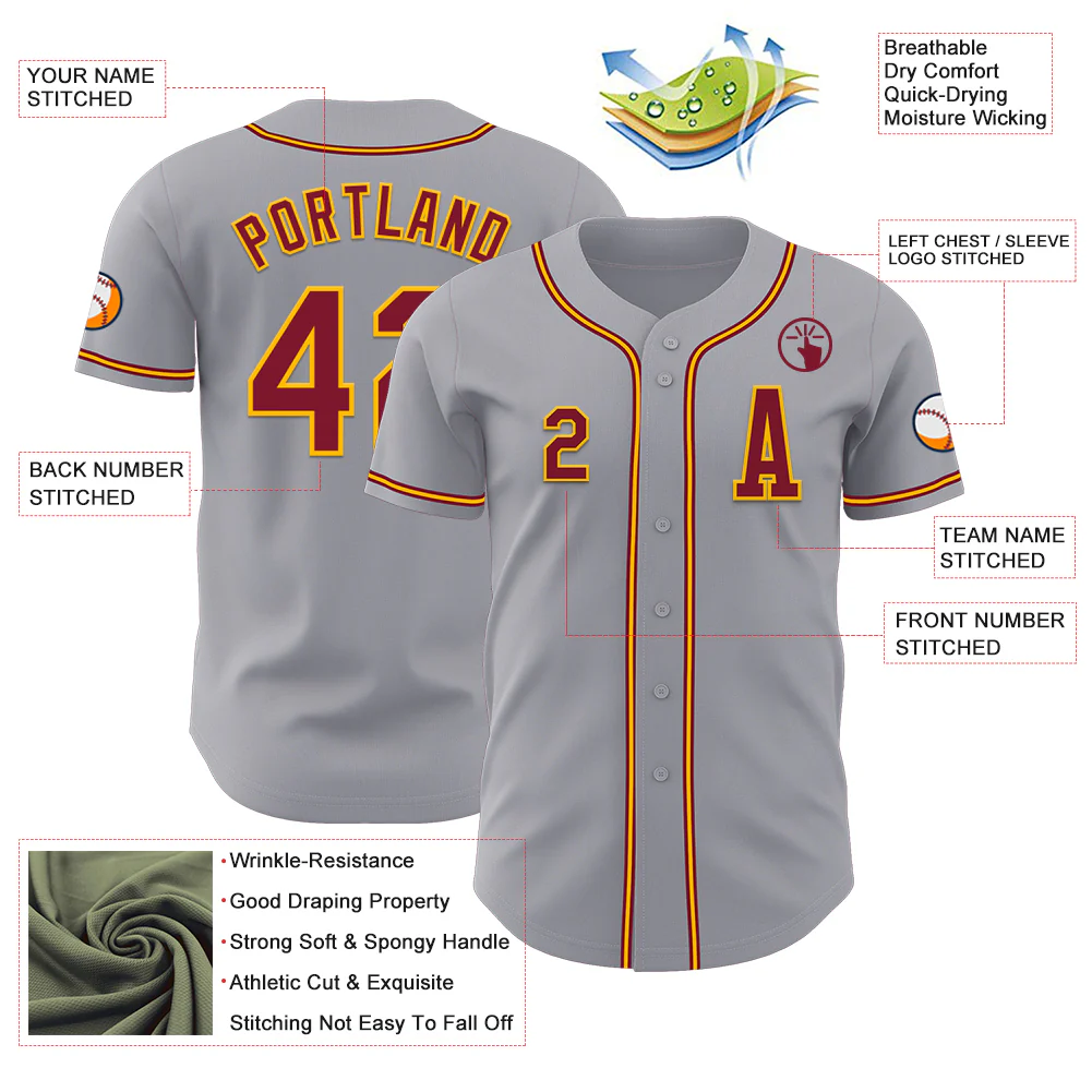 Custom Gray Crimson-Gold Authentic Baseball Jersey - Image 2