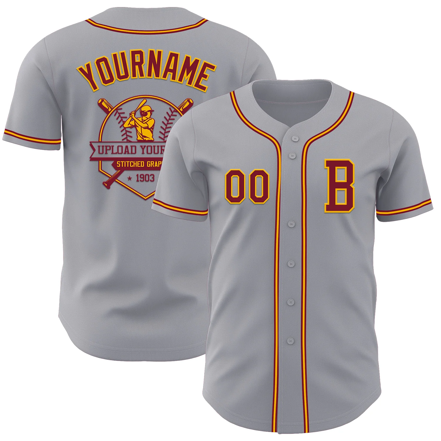 Custom Gray Crimson-Gold Authentic Baseball Jersey - Image 5