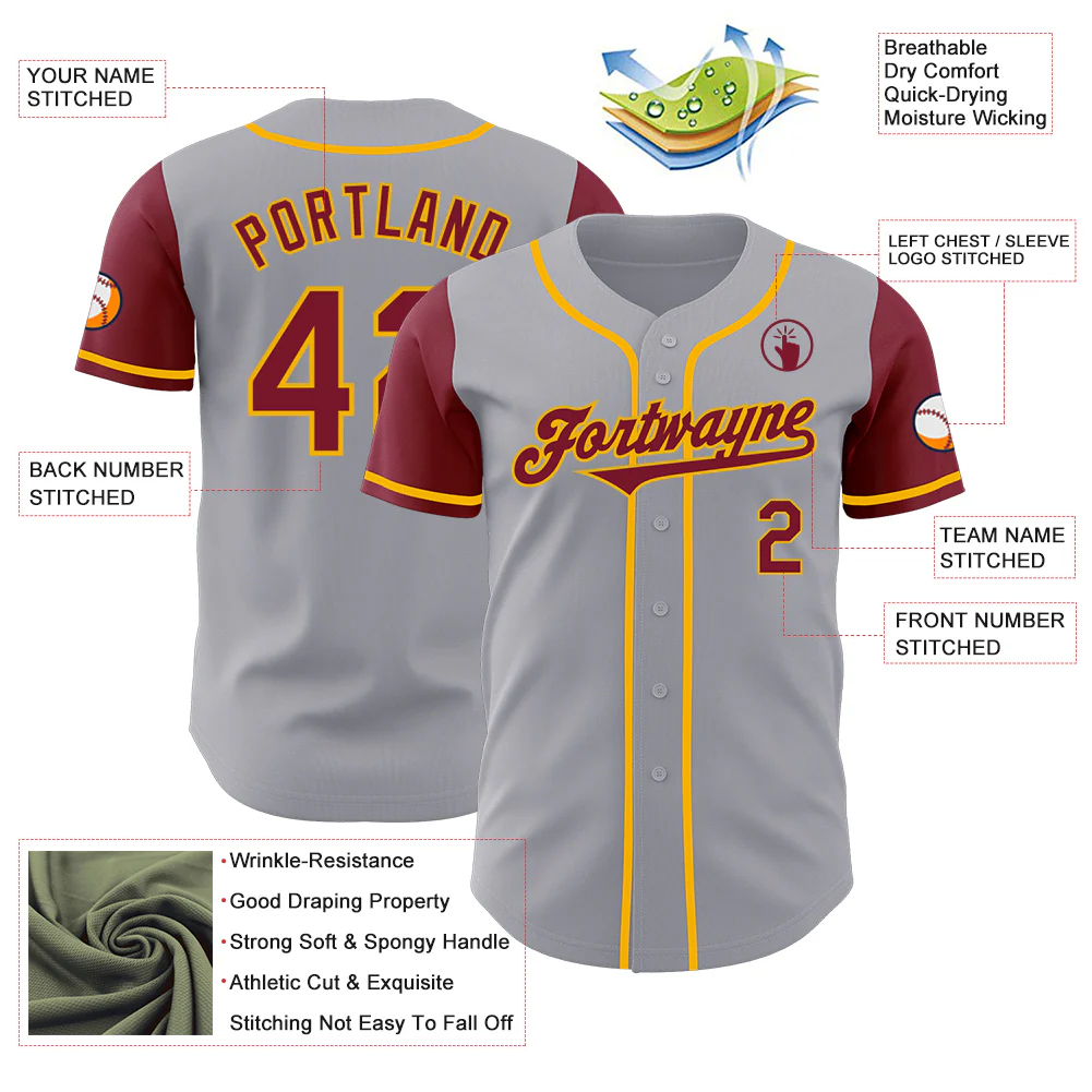 Custom Gray Crimson-Gold Authentic Two Tone Baseball Jersey - Image 3