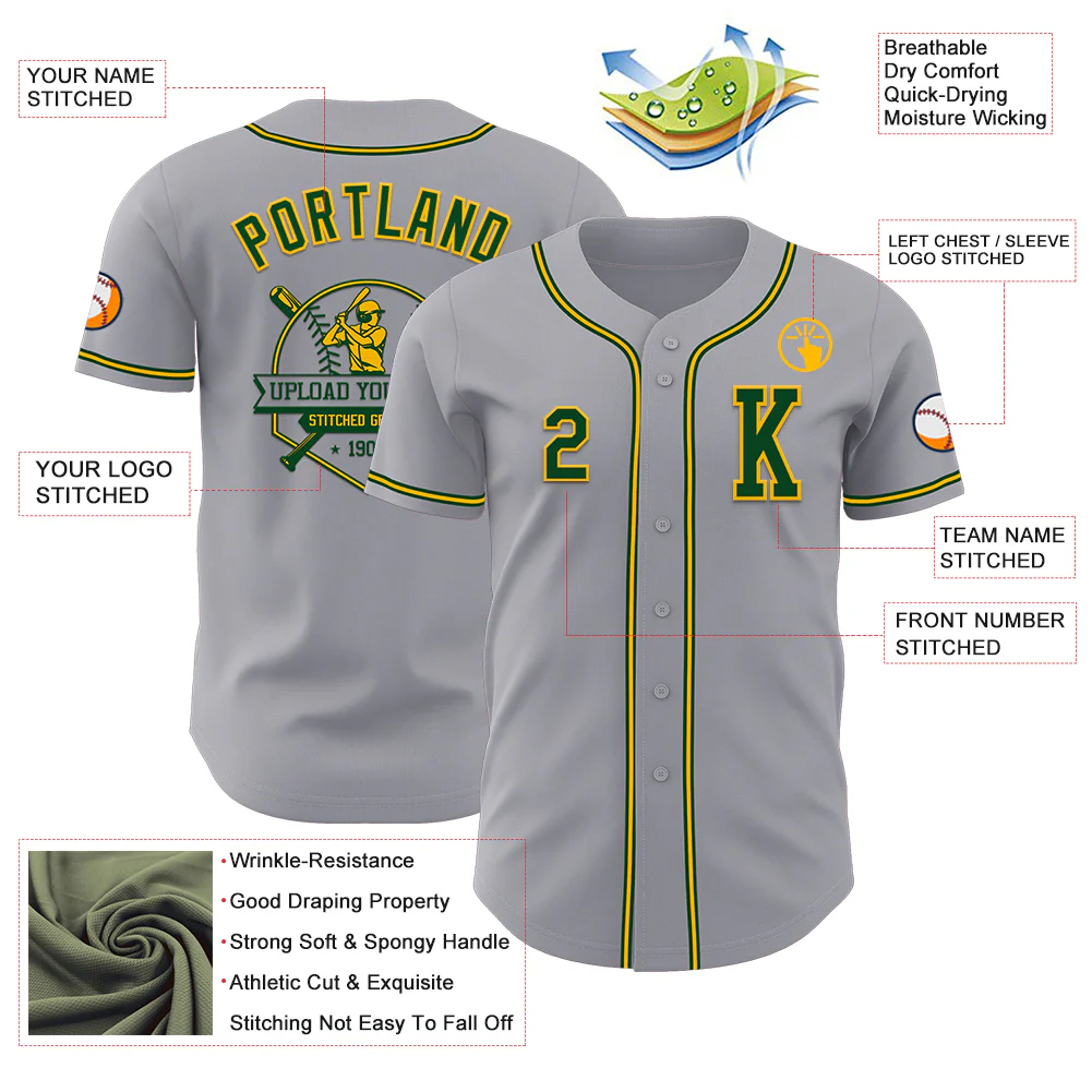 Custom Gray Green-Gold Authentic Baseball Jersey - Image 6
