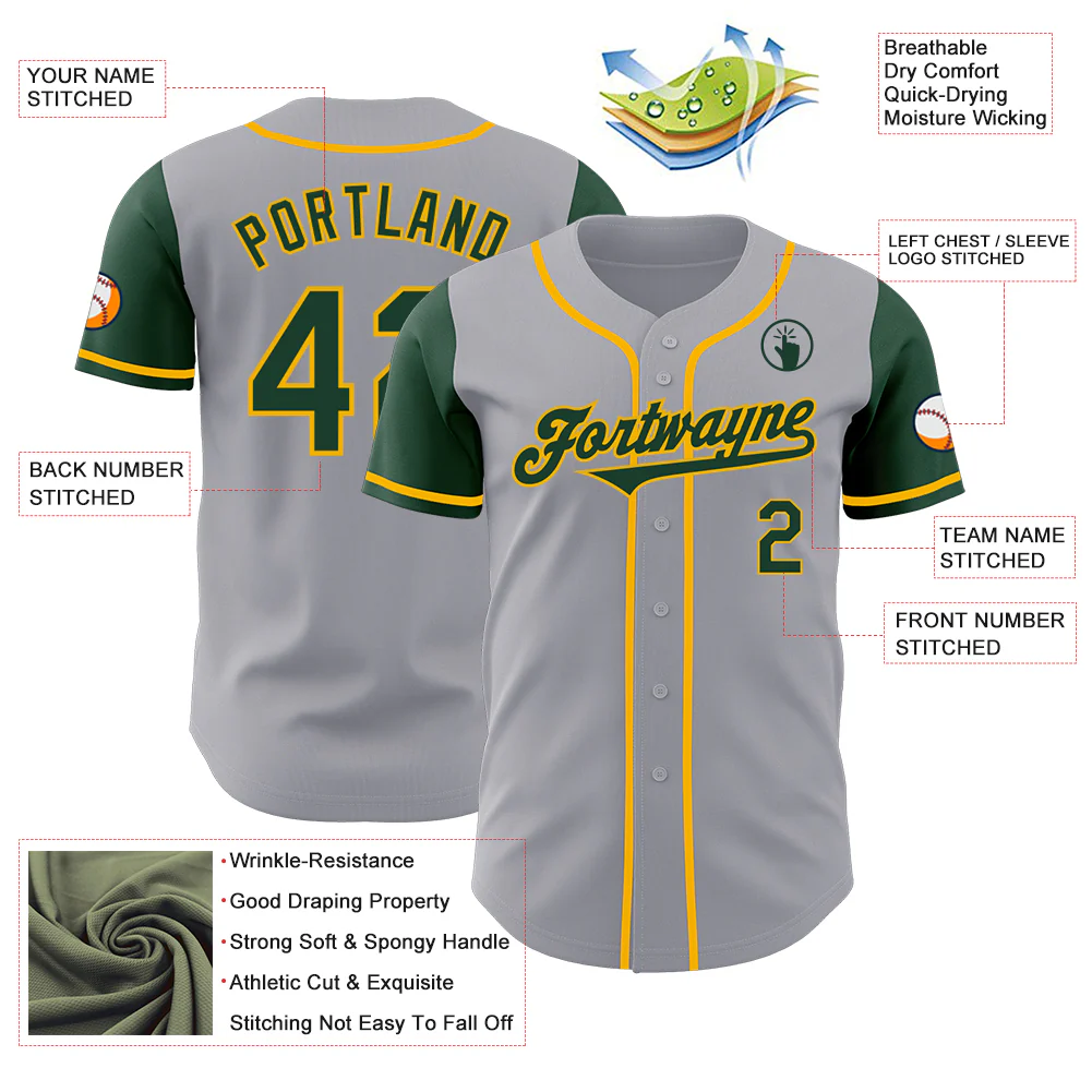Custom Gray Green-Gold Authentic Two Tone Baseball Jersey - Image 3