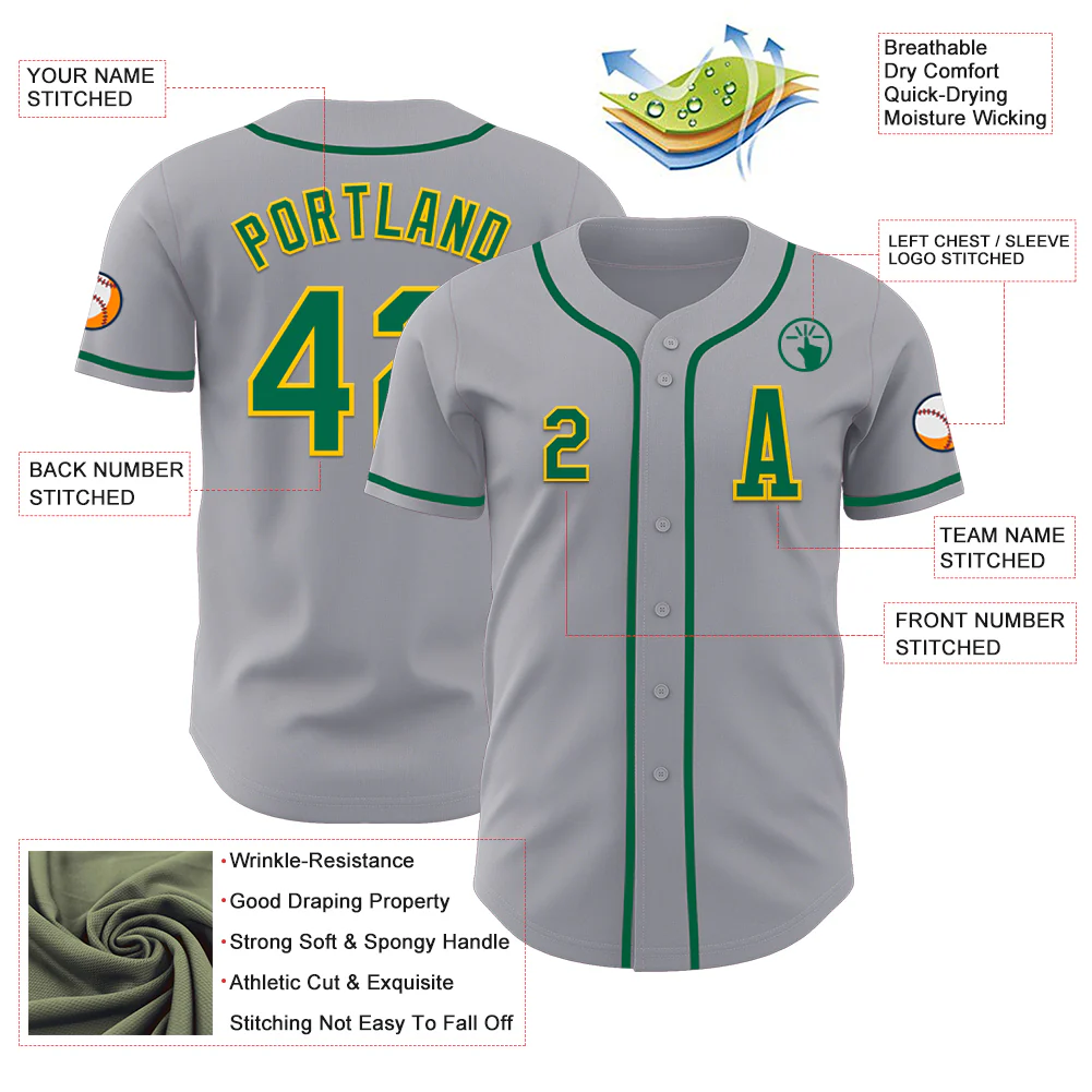 Custom Gray Kelly Green-Gold Authentic Baseball Jersey - Image 2