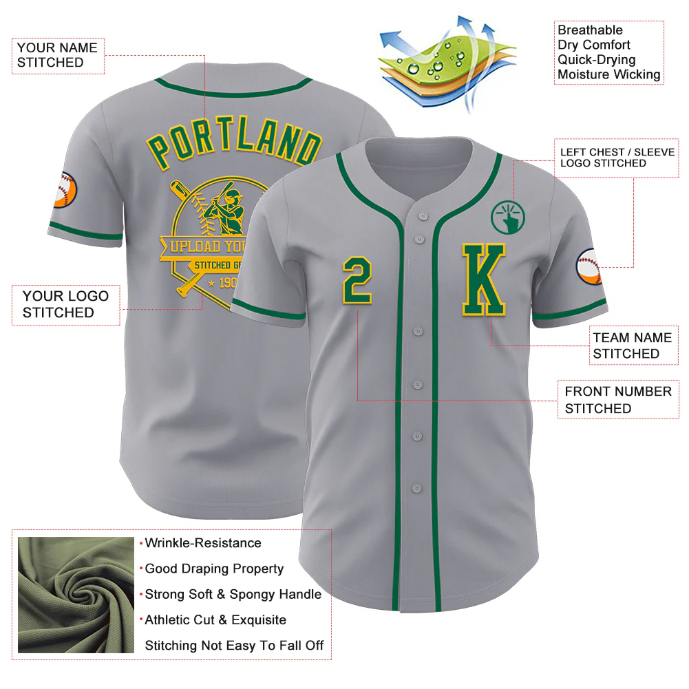 Custom Gray Kelly Green-Gold Authentic Baseball Jersey - Image 6