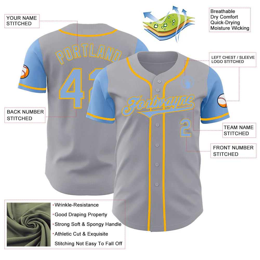 Custom Gray Light Blue-Gold Authentic Two Tone Baseball Jersey - Image 3