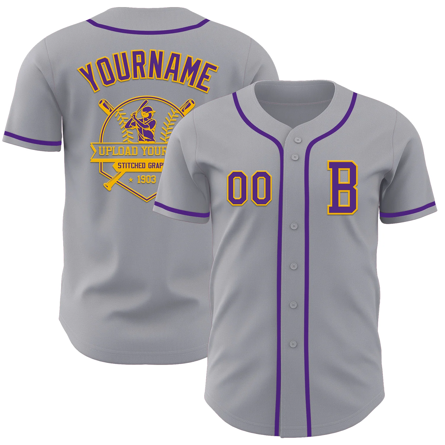 Custom Gray Purple-Gold Authentic Baseball Jersey - Image 5