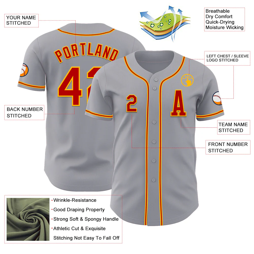 Custom Gray Red-Gold Authentic Baseball Jersey - Image 2