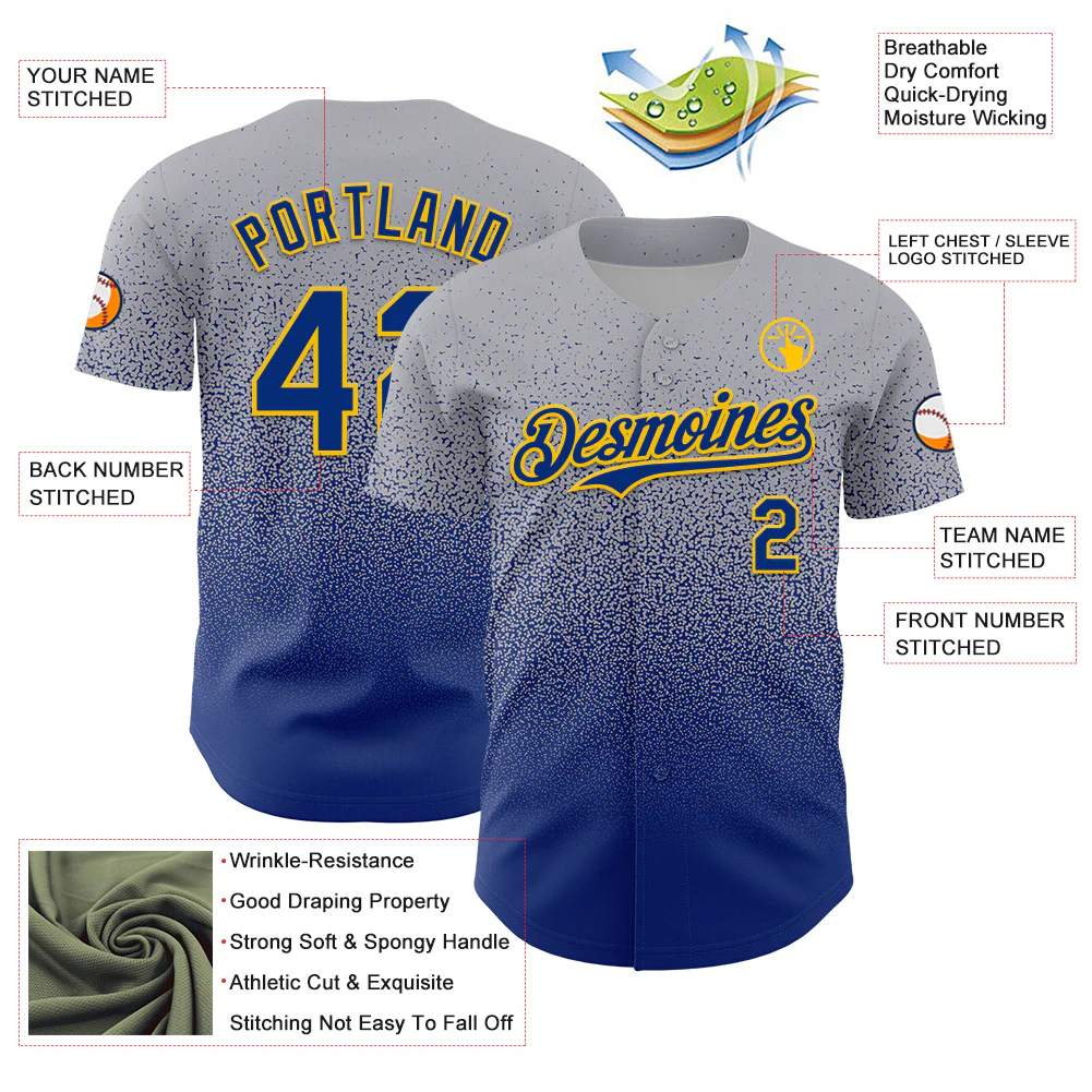 Custom Gray Royal-Gold Fade Fashion Speckle Authentic Baseball Jersey - Image 3
