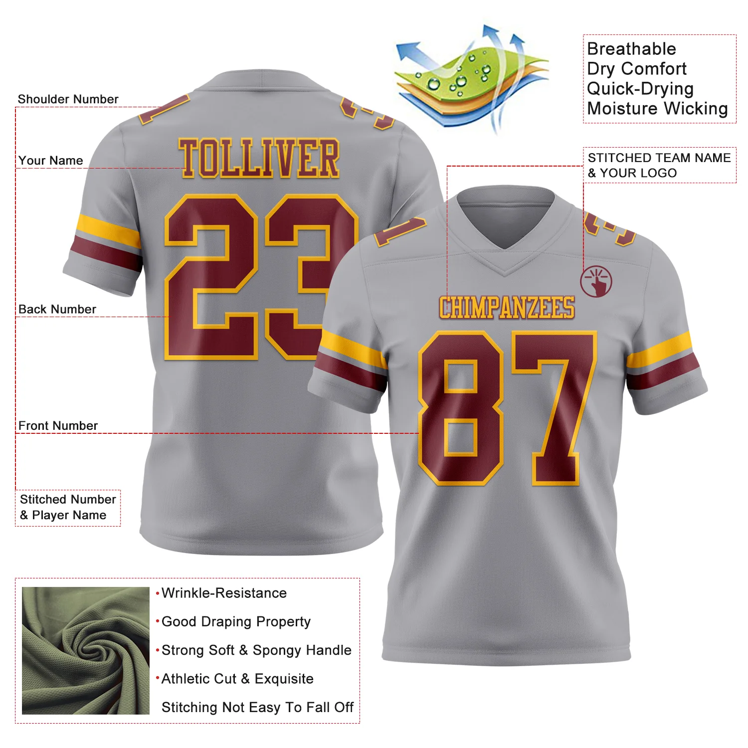Custom Gray Burgundy-Gold Authentic Football Jersey - Image 3