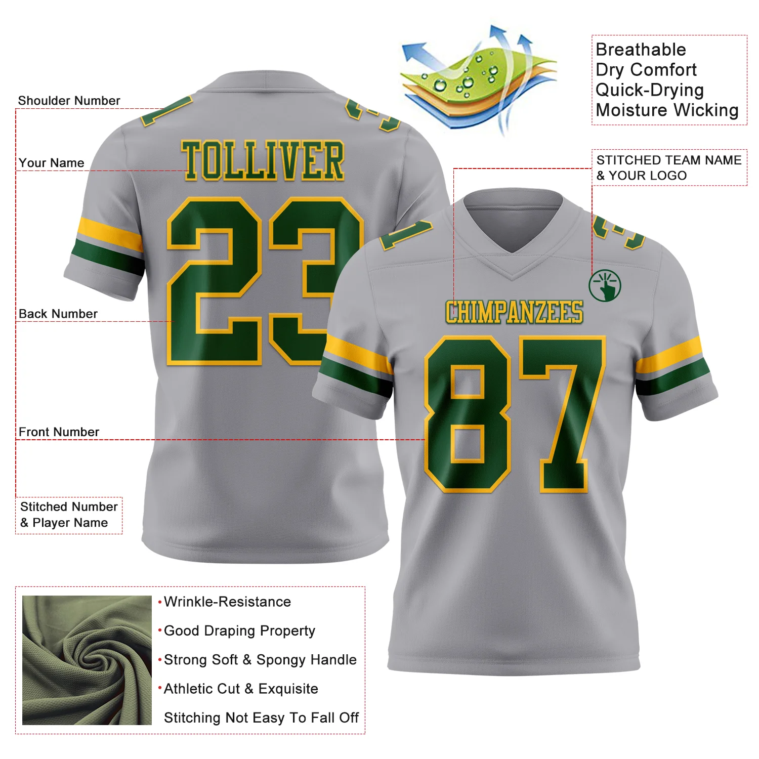 Custom Gray Green-Gold Authentic Football Jersey - Image 3