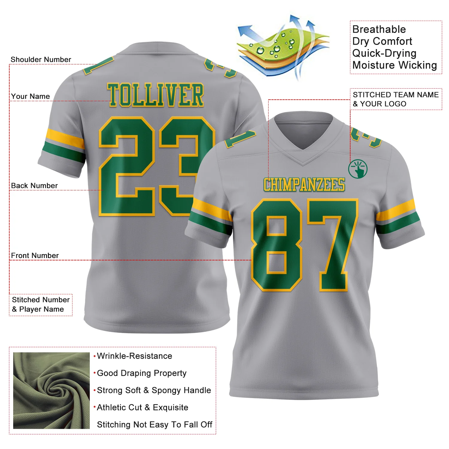 Custom Gray Kelly Green-Gold Authentic Football Jersey - Image 3