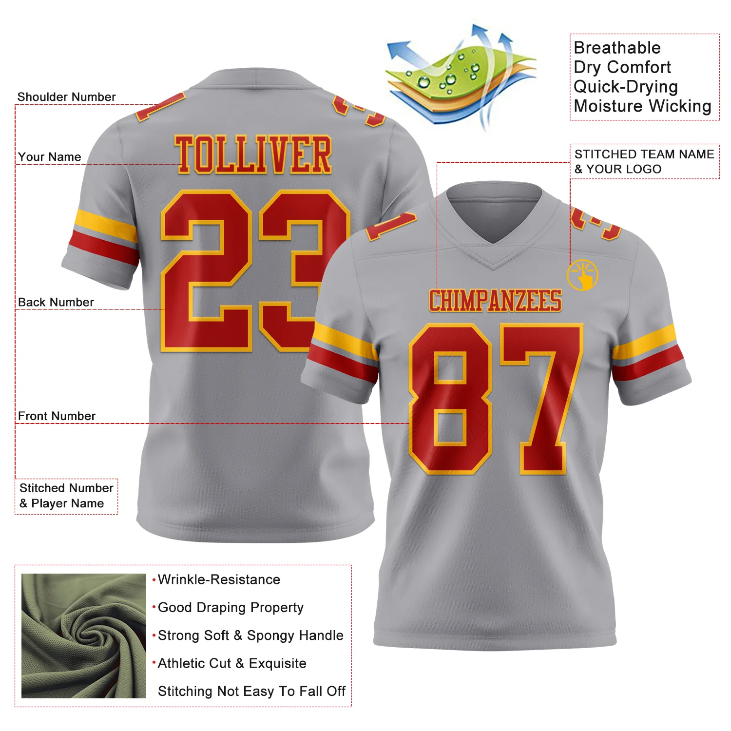 Custom Gray Red-Gold Authentic Football Jersey - Image 3