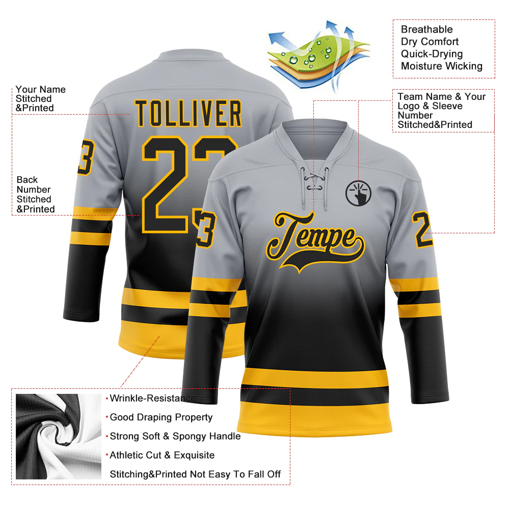 Custom Gray Black-Gold Fade Fashion Hockey Lace Neck Jersey - Image 5