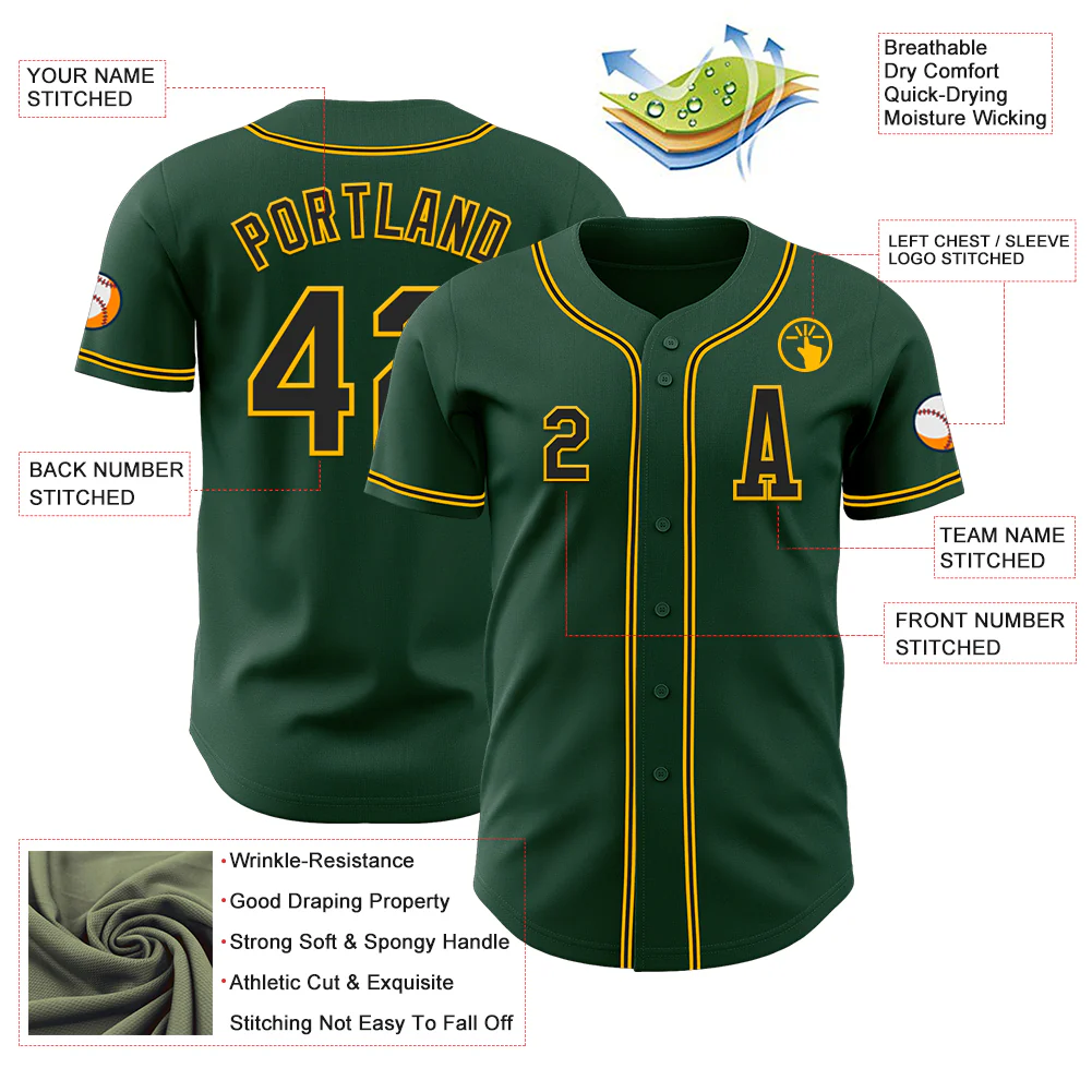 Custom Green Black-Gold Authentic Baseball Jersey - Image 2