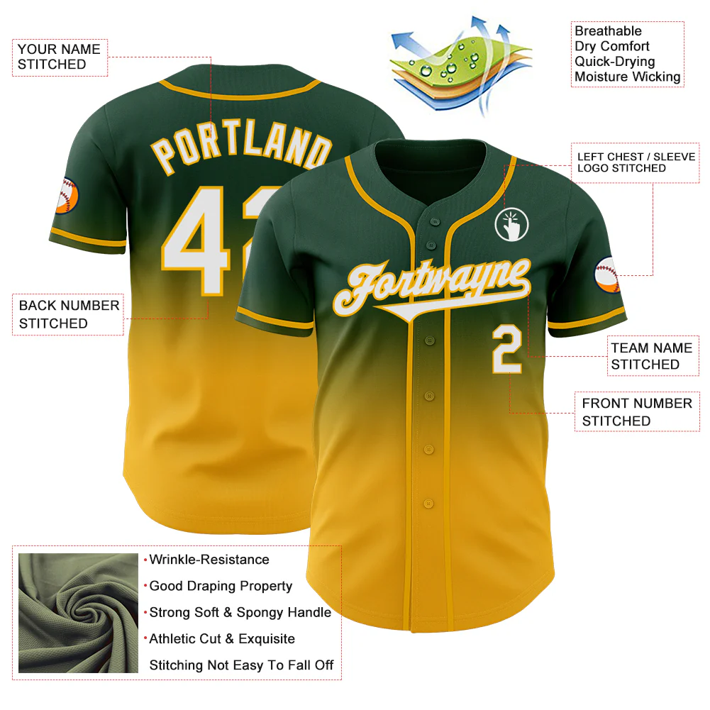 Custom Green White-Gold Authentic Fade Fashion Baseball Jersey - Image 3