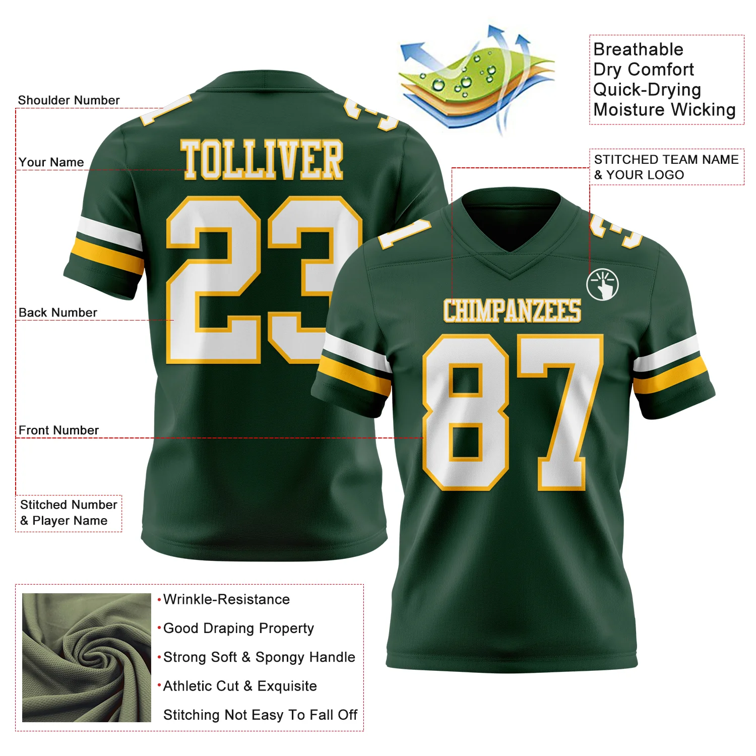 Custom Green White-Gold Authentic Football Jersey - Image 3