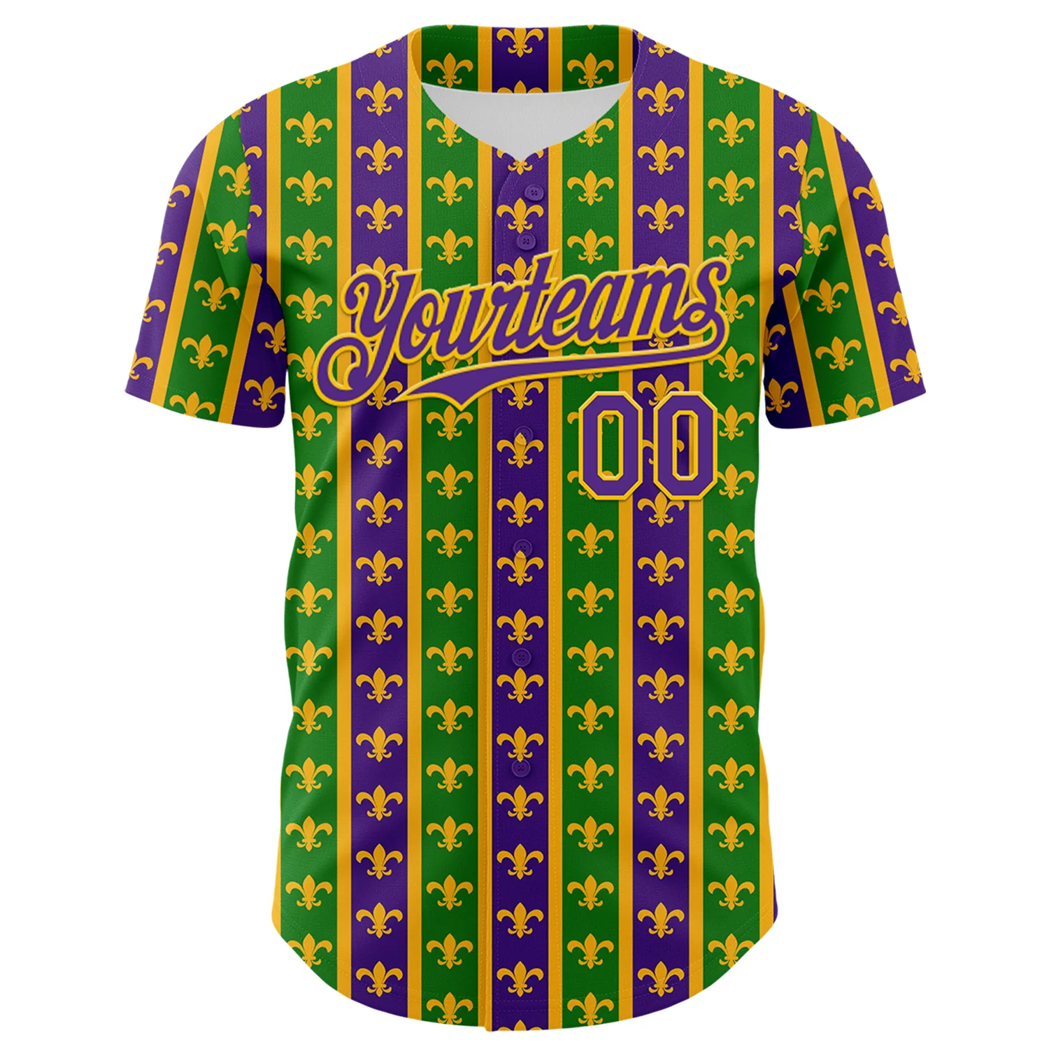 Custom Green Purple-Gold 3D Pattern Design Mardi Gras Shrove Tuesday Authentic Baseball Jersey - Image 2