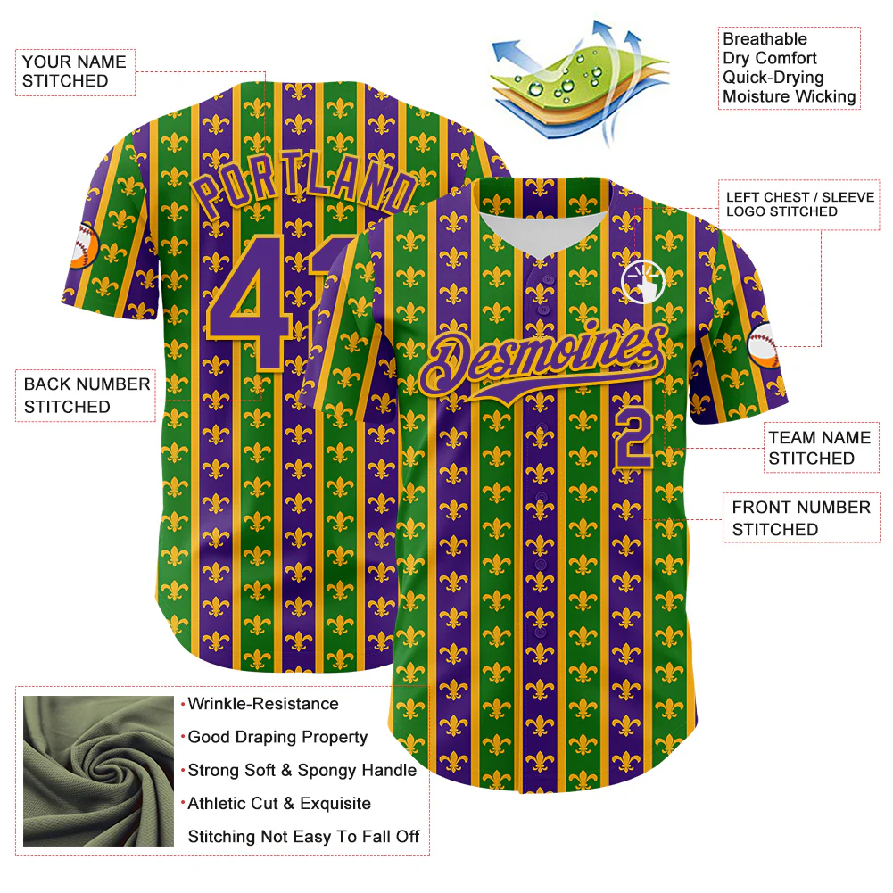 Custom Green Purple-Gold 3D Pattern Design Mardi Gras Shrove Tuesday Authentic Baseball Jersey - Image 3
