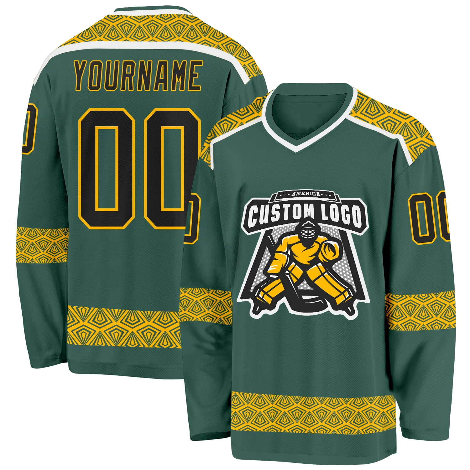 Custom Green Black Gold-White Plaid Hockey Jersey - Image 2