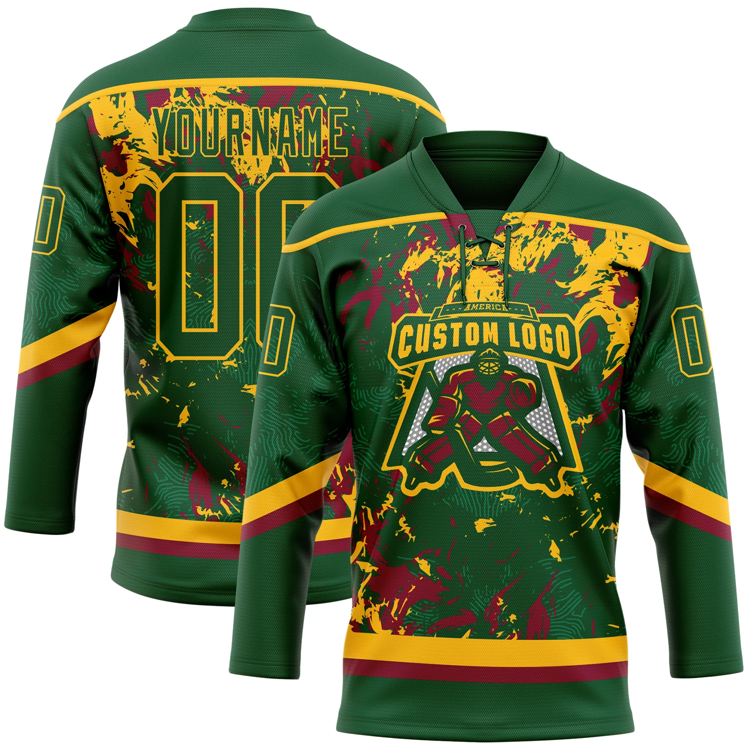 Custom Green Gold-Maroon 3D Fluid Art Splash Hockey Lace Neck Jersey - Image 2