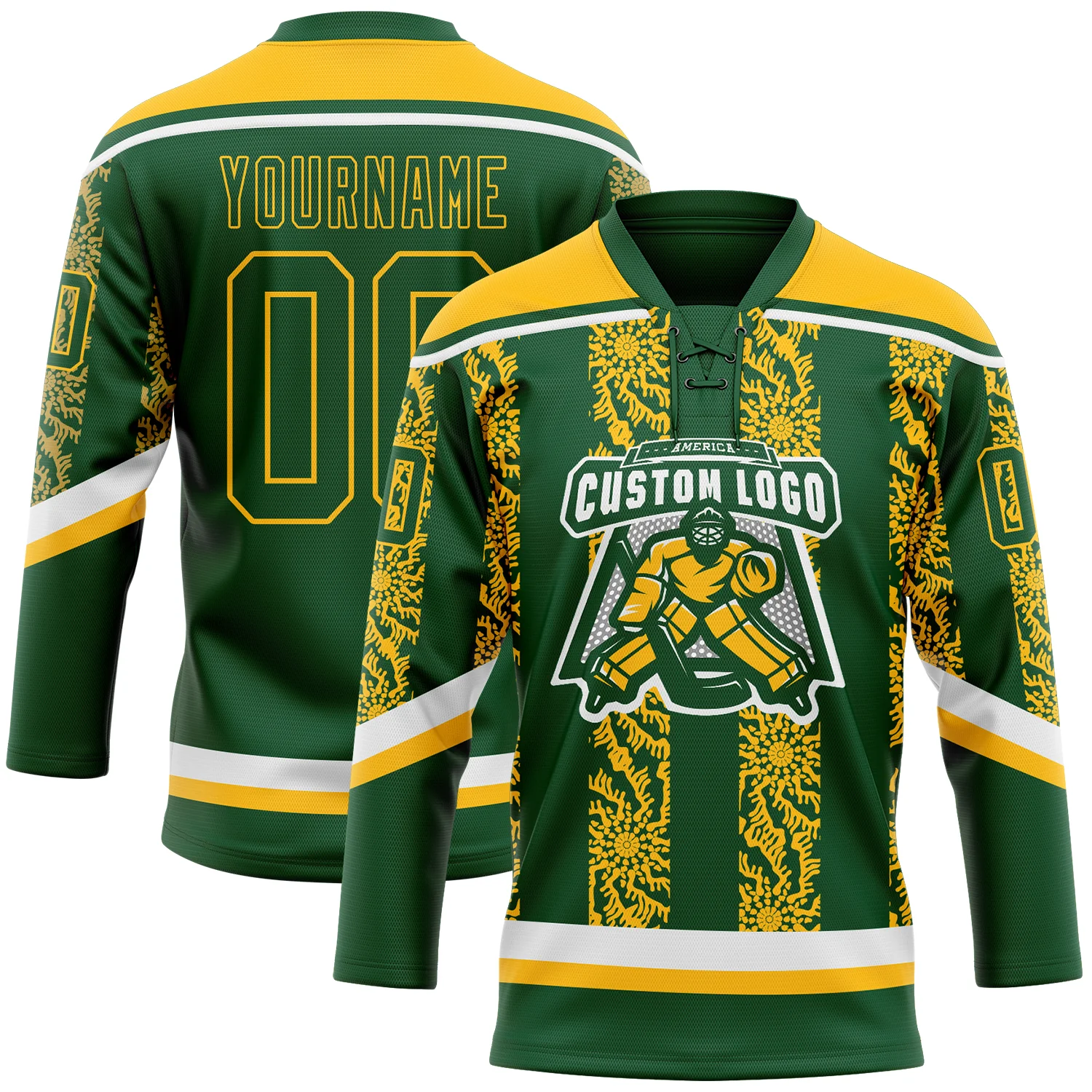 Custom Green Gold-White 3D Pattern Abstract Shape Hockey Lace Neck Jersey - Image 2