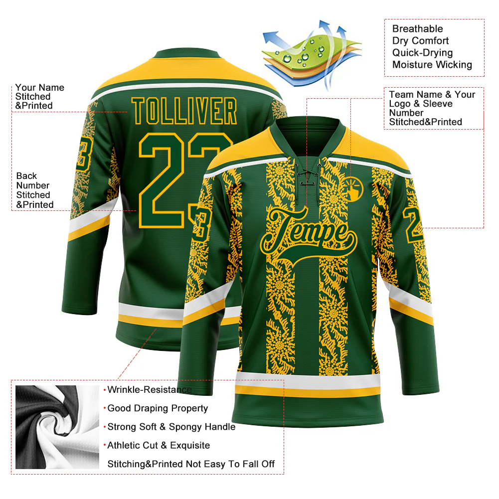 Custom Green Gold-White 3D Pattern Abstract Shape Hockey Lace Neck Jersey - Image 3