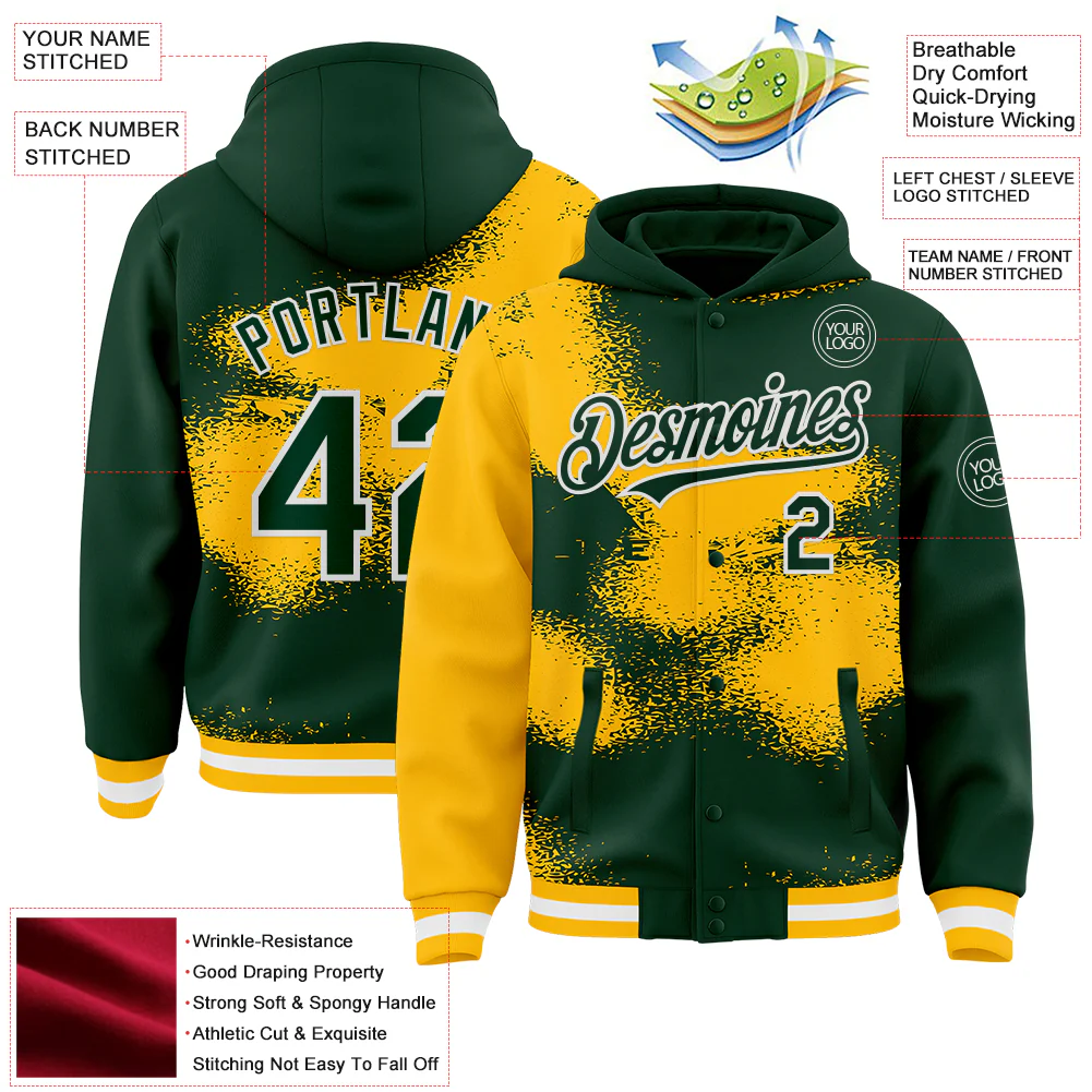 Custom Green Gold-White Abstract Color Blocks Fragment Pattern Bomber Full-Snap Varsity Letterman Hoodie Jacket - Image 4