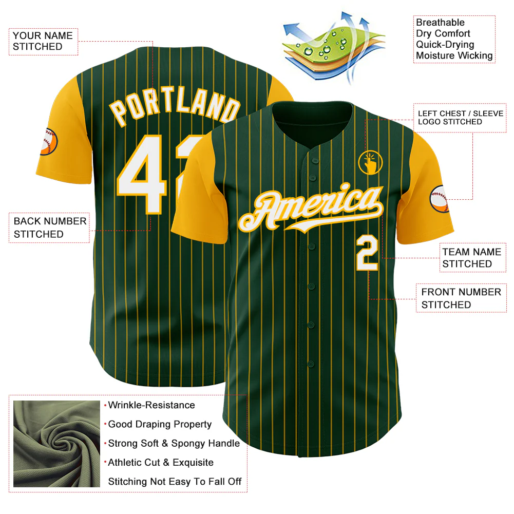 Custom Green Gold Pinstripe White Authentic Two Tone Baseball Jersey - Image 3