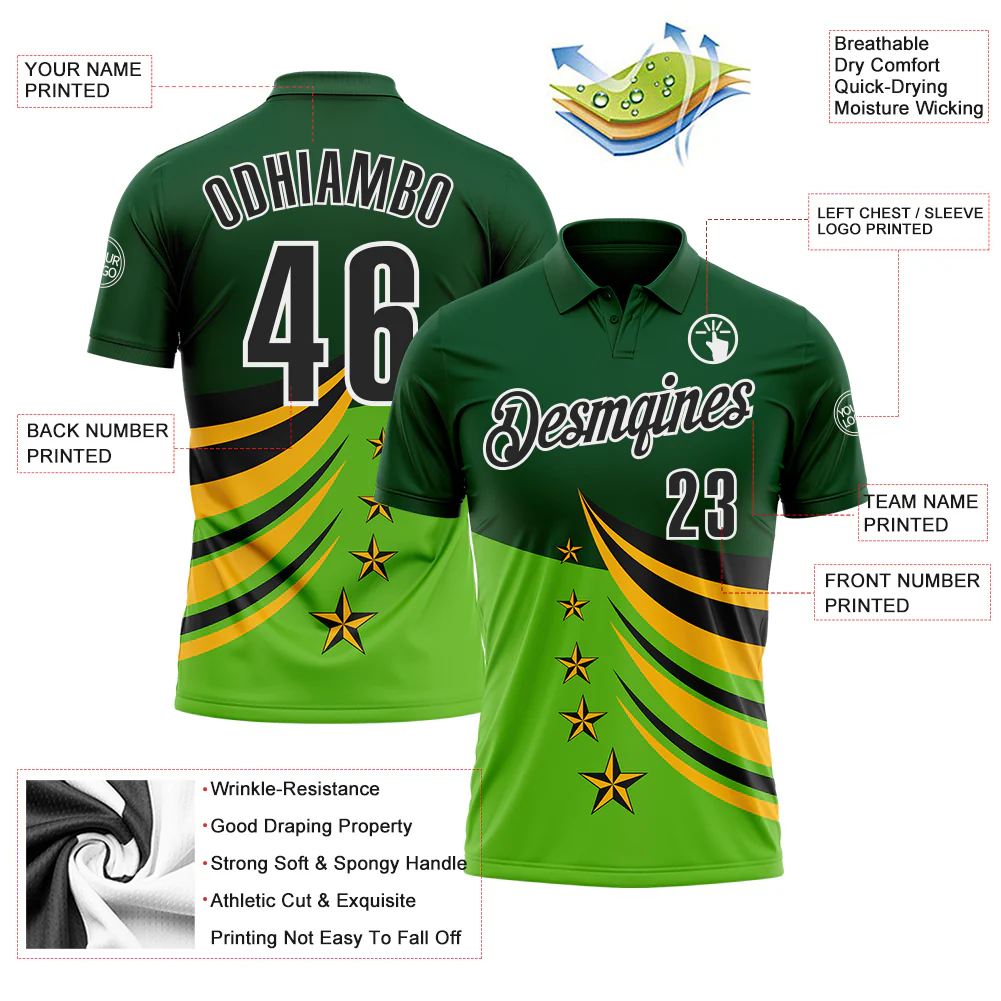 Custom Green Black Gold-White 3D Pattern Design Star Performance Polo Shirt - Image 3