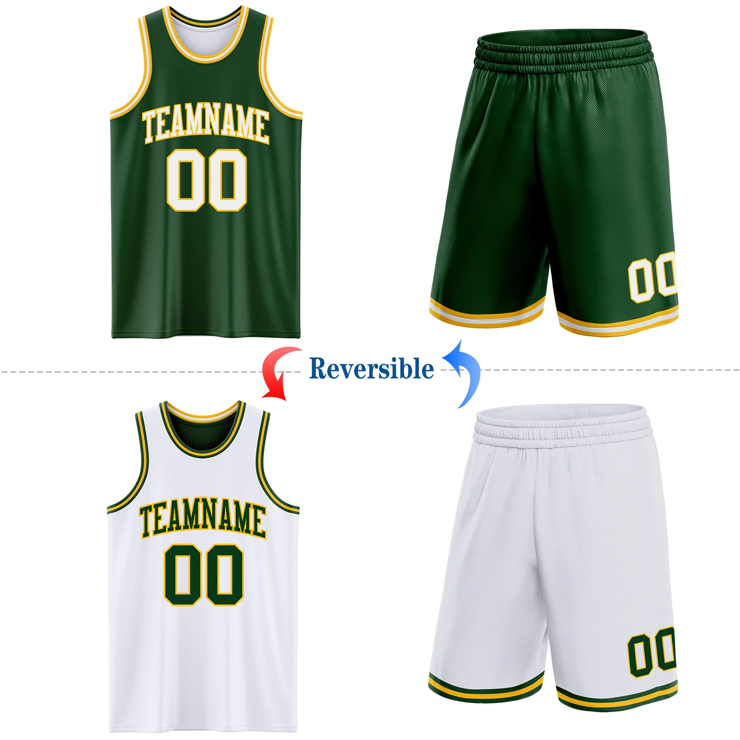 Custom Reversible Green White-Gold Double Side Sublimation Basketball Suit Jersey - Image 2