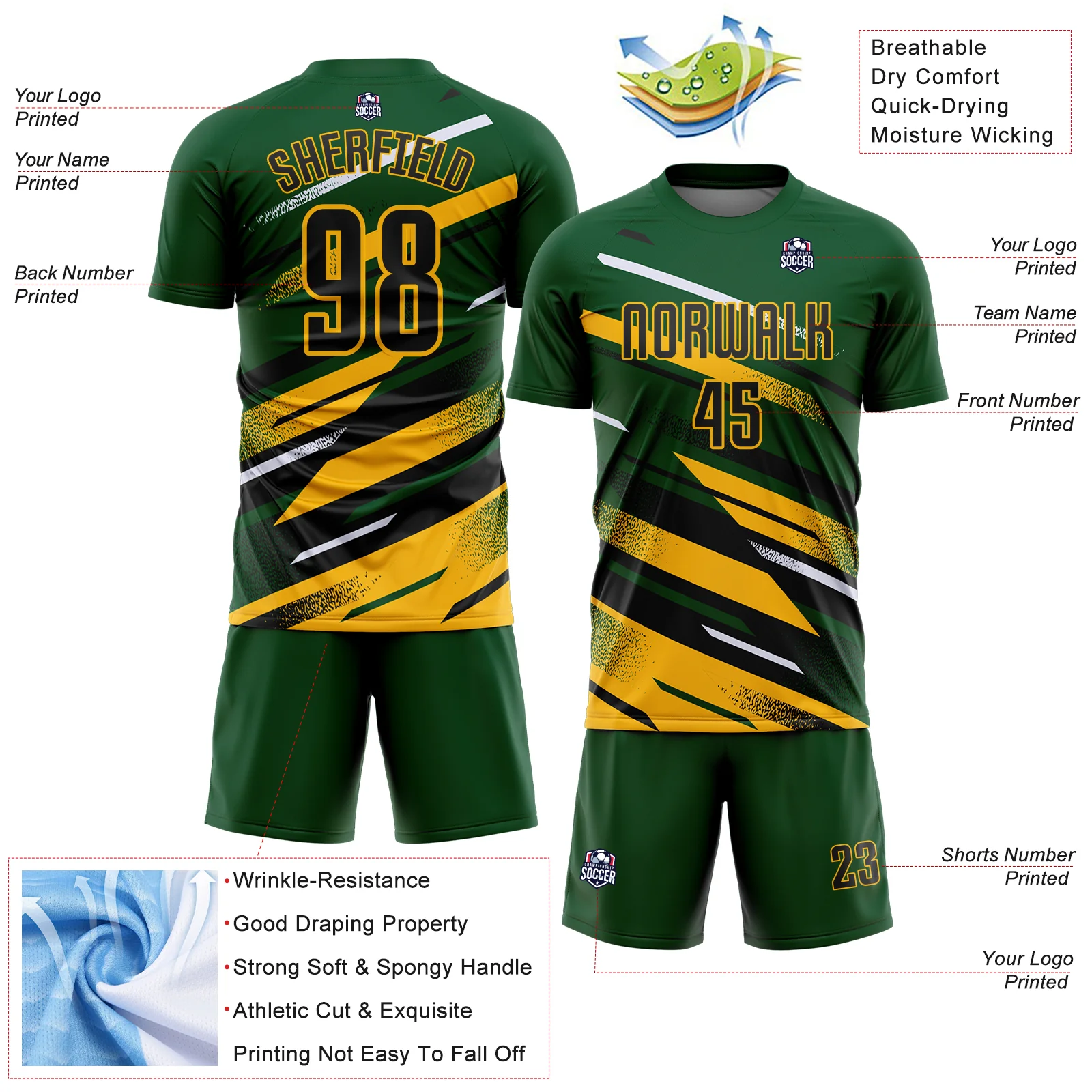Custom Green Black Gold-White Grunge Stripe And Grainy Sports Sublimation Soccer Uniform Jersey - Image 4