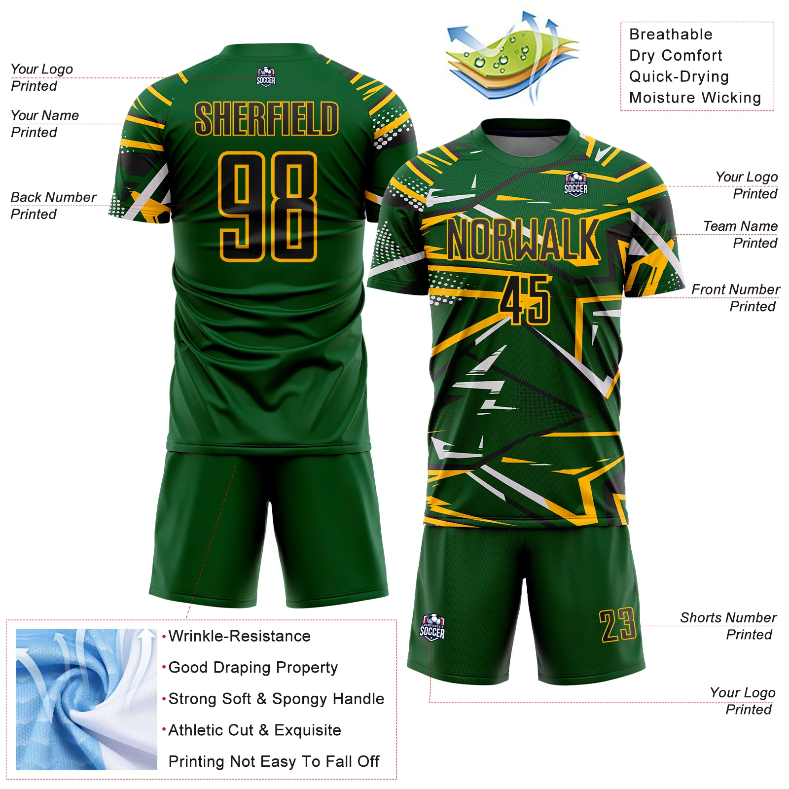 Custom Green Black Gold-White Abstract Geometric Stripes Sports Sublimation Soccer Uniform Jersey - Image 4