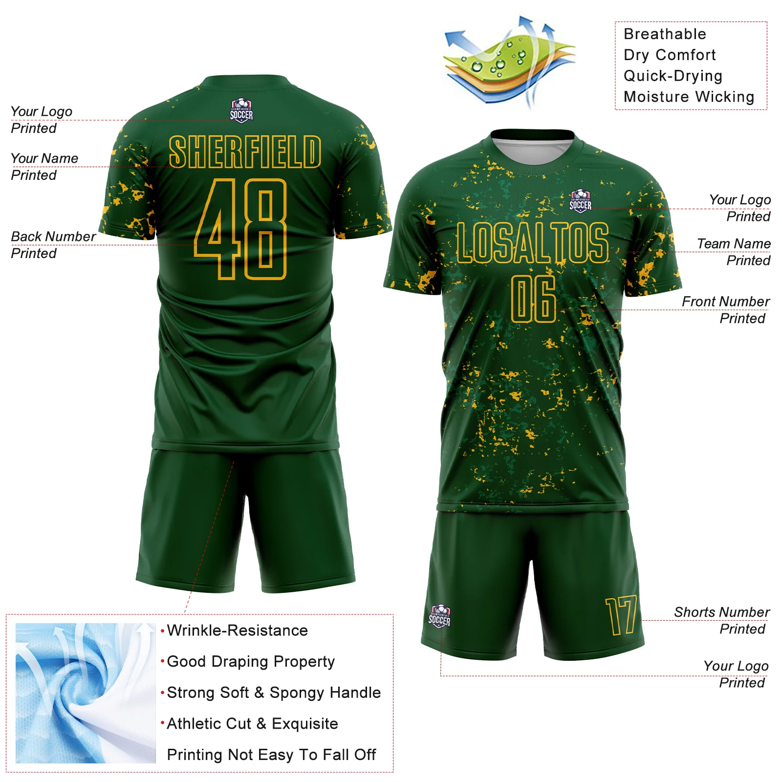 Custom Green Gold-Kelly Green Abstract Fragment Art Sublimation Soccer Uniform Jersey - Image 4