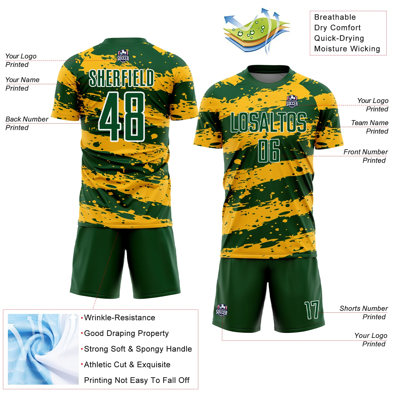 Custom Green Gold-White Splash Sublimation Soccer Uniform Jersey - Image 4