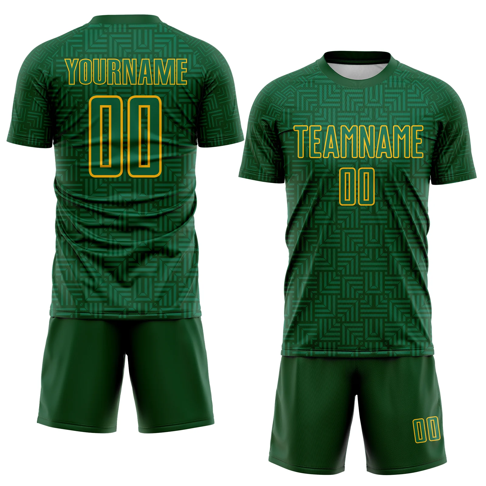 Custom Green Kelly Green-Gold Geometric Maze Interlocking Square Sports Sublimation Soccer Uniform Jersey - Image 2