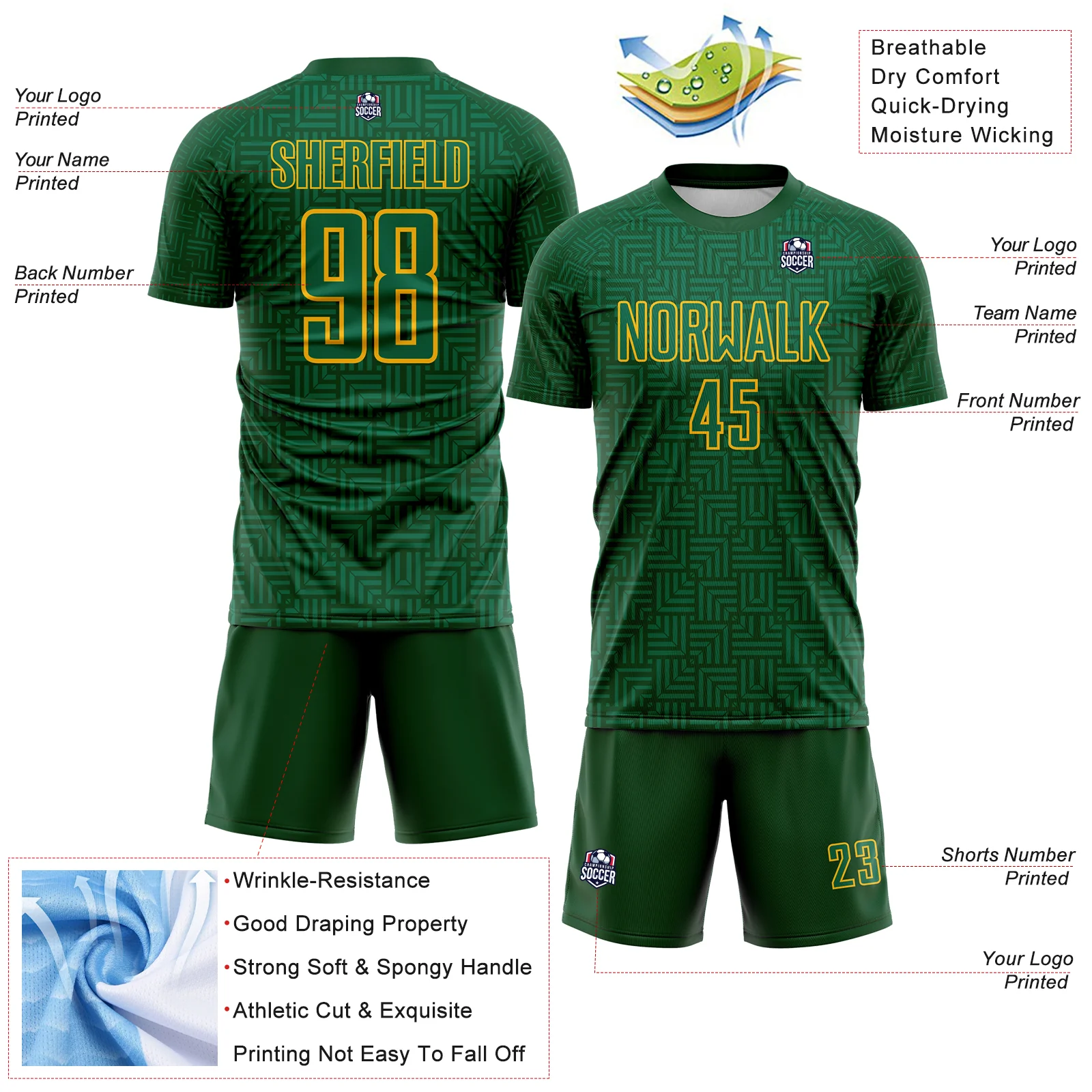 Custom Green Kelly Green-Gold Geometric Maze Interlocking Square Sports Sublimation Soccer Uniform Jersey - Image 4