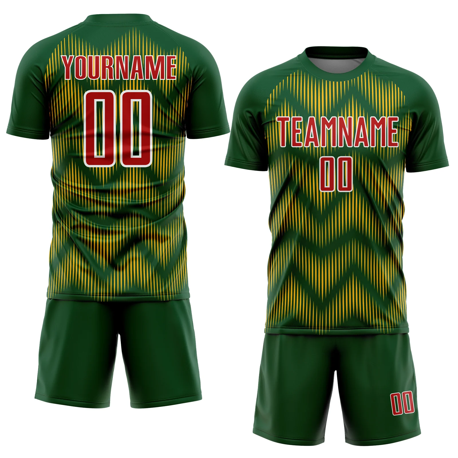 Custom Green Red-Gold Line Sublimation Soccer Uniform Jersey - Image 2