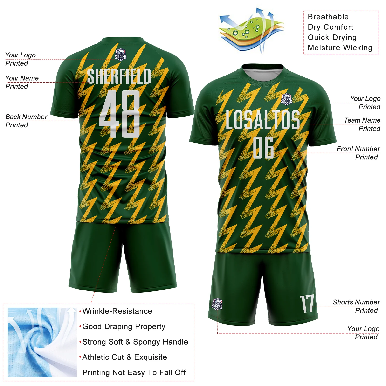 Custom Green White-Gold Zigzag Shape Sublimation Soccer Uniform Jersey - Image 4