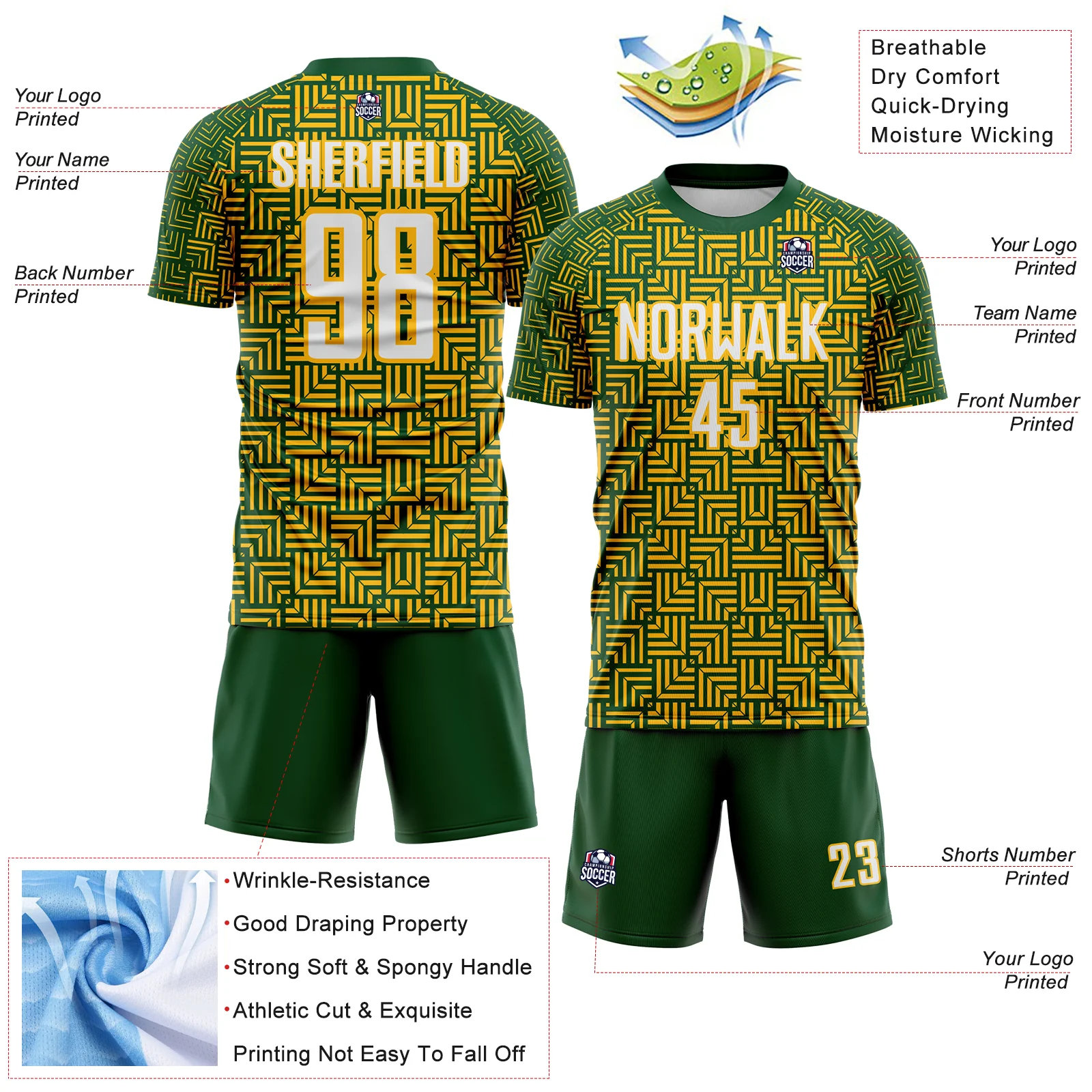 Custom Green White-Gold Geometric Maze Interlocking Square Sports Sublimation Soccer Uniform Jersey - Image 4