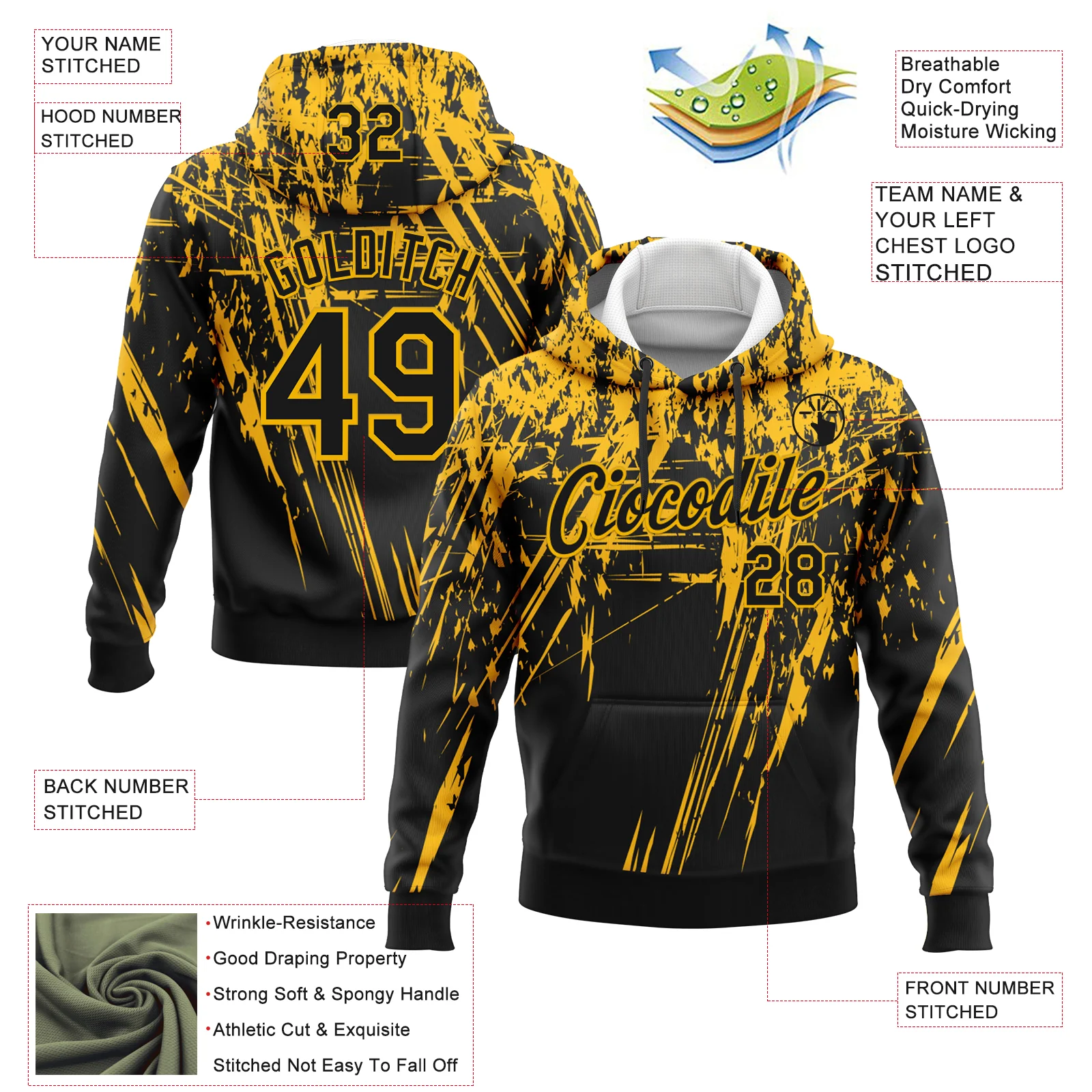 Custom Stitched Black Gold 3D Pattern Design Splash Grunge Art Sports Pullover Sweatshirt Hoodie - Image 2