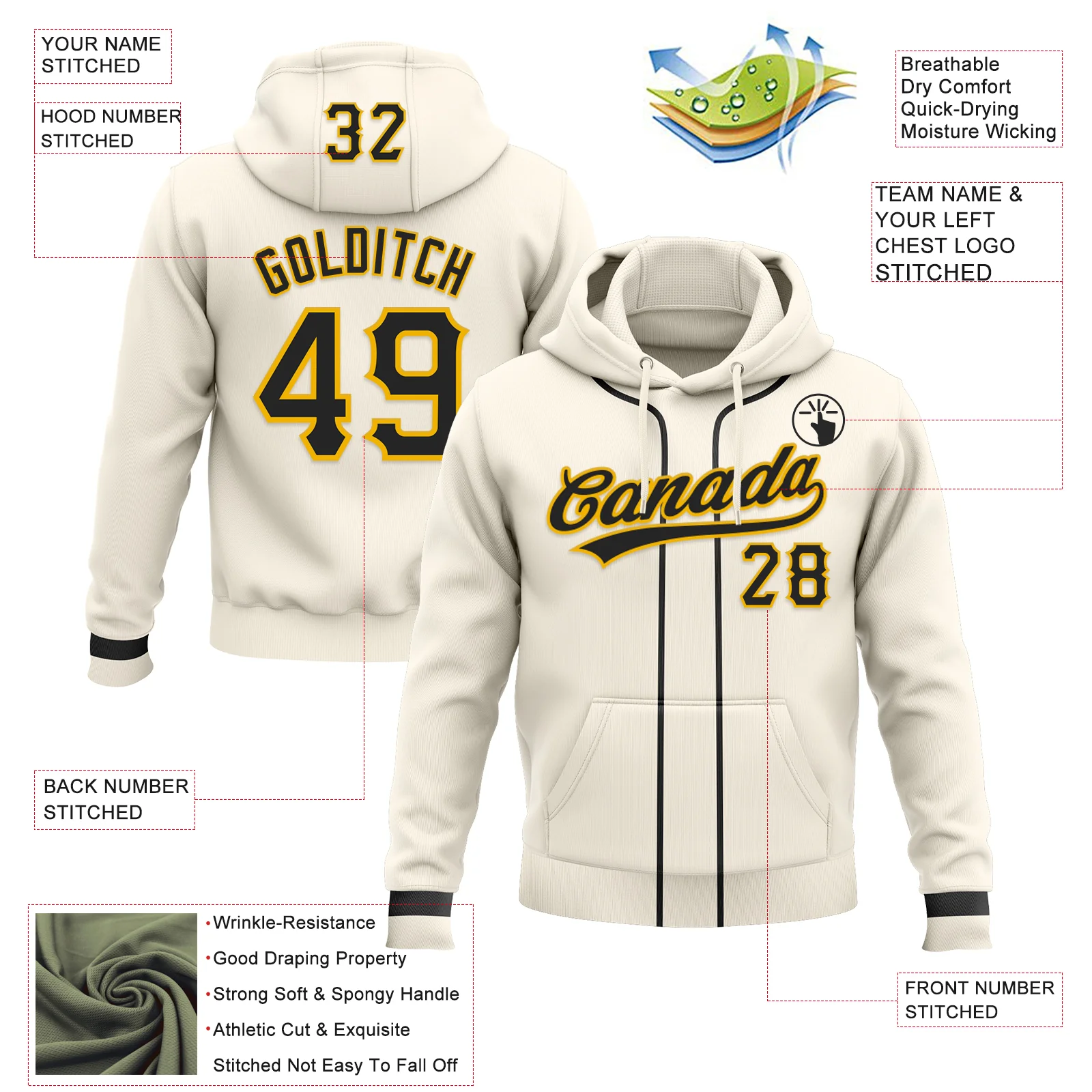 Custom Stitched Cream Black-Gold Baseball Pullover Sweatshirt Hoodie - Image 2