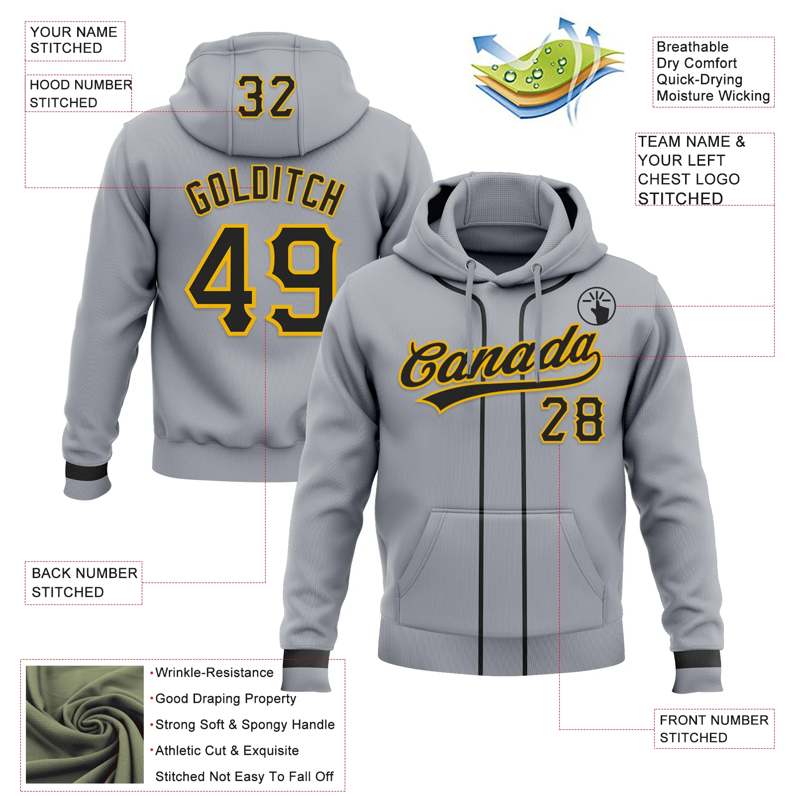 Custom Stitched Gray Black-Gold Baseball Pullover Sweatshirt Hoodie - Image 2
