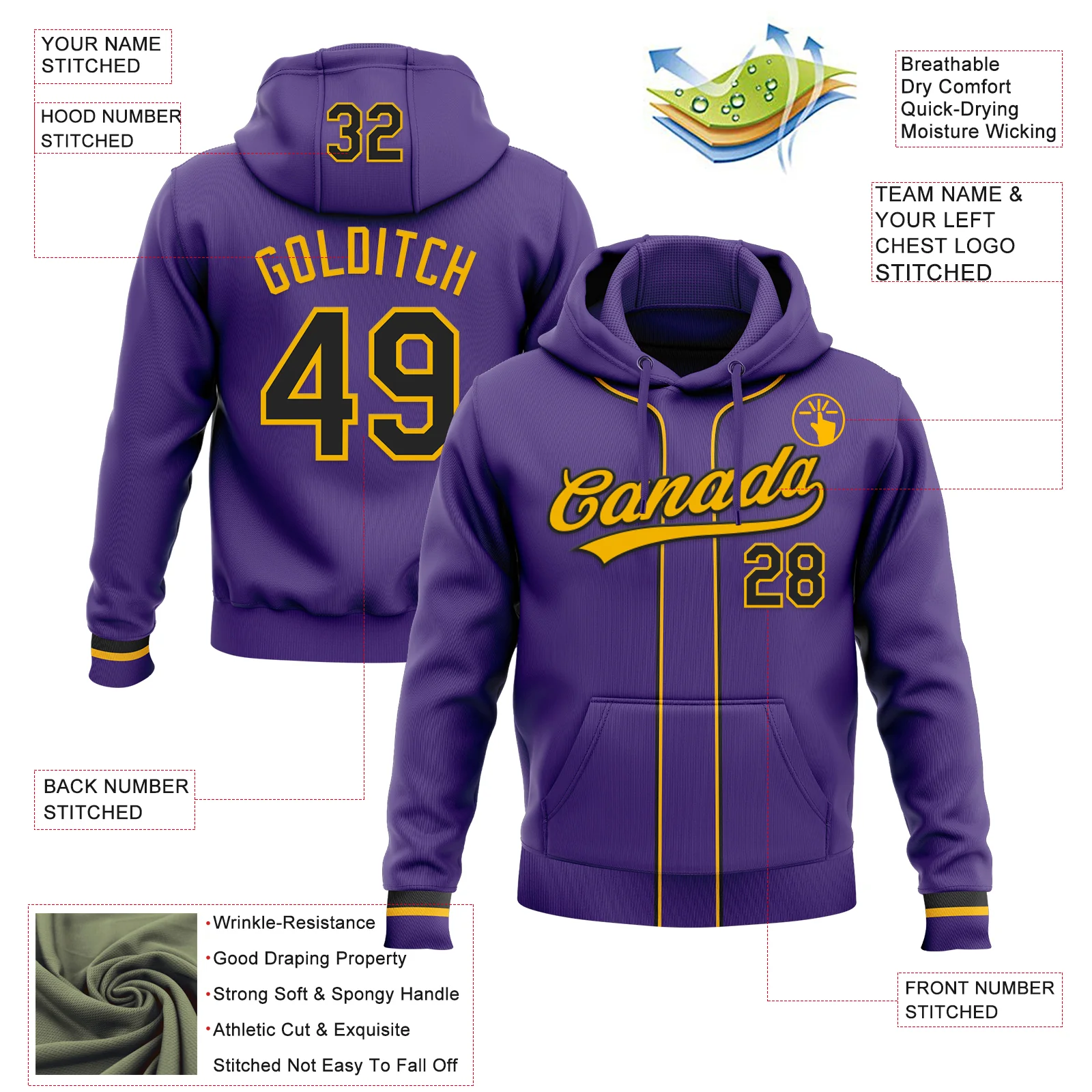 Custom Stitched Purple Black-Gold Baseball Pullover Sweatshirt Hoodie - Image 2