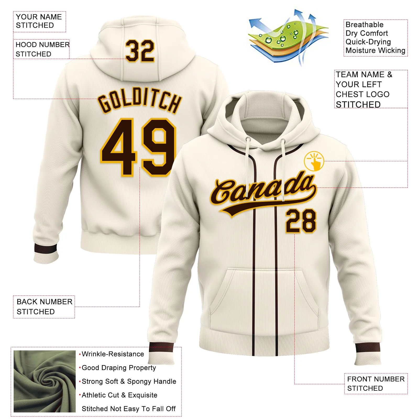 Custom Stitched Cream Brown-Gold Baseball Pullover Sweatshirt Hoodie - Image 2