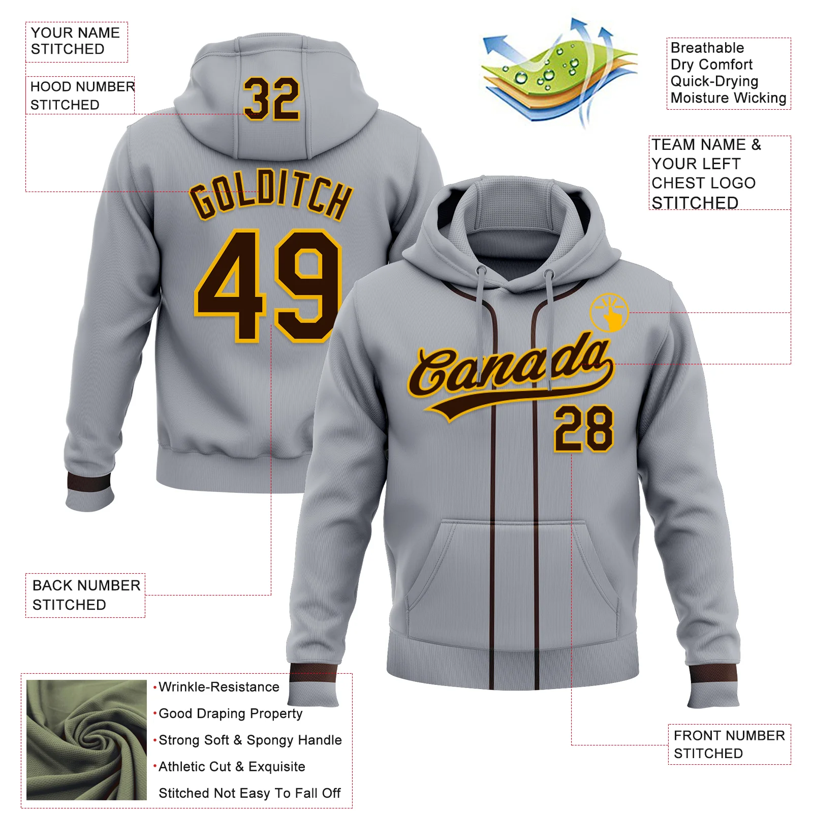 Custom Stitched Gray Brown-Gold Baseball Pullover Sweatshirt Hoodie - Image 2